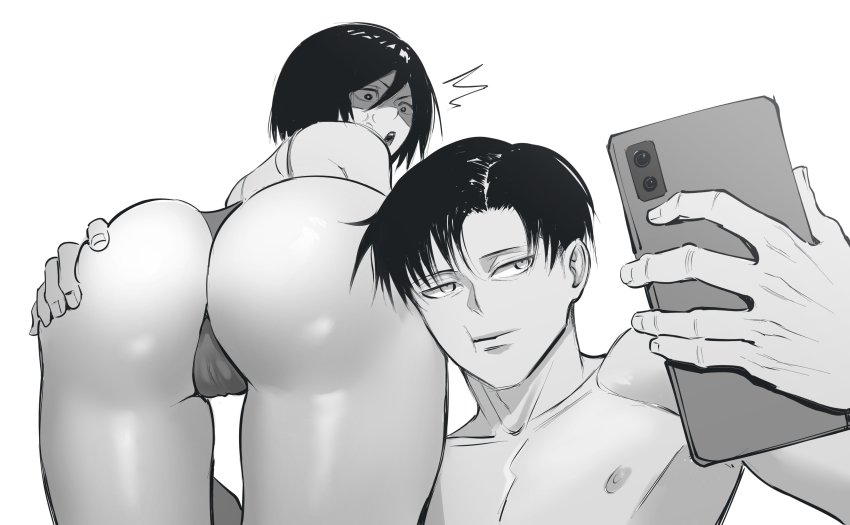 1boy, absurdres, angry, ass, ass grab, attack on titan, cellphone, female, highres, holding, holding phone, invertoalbedo, levi ackerman, male, mikasa ackerman, monochrome, phone, selfie, shingeki no kyojin, short hair, smartphone, surprised, tagme, taking picture