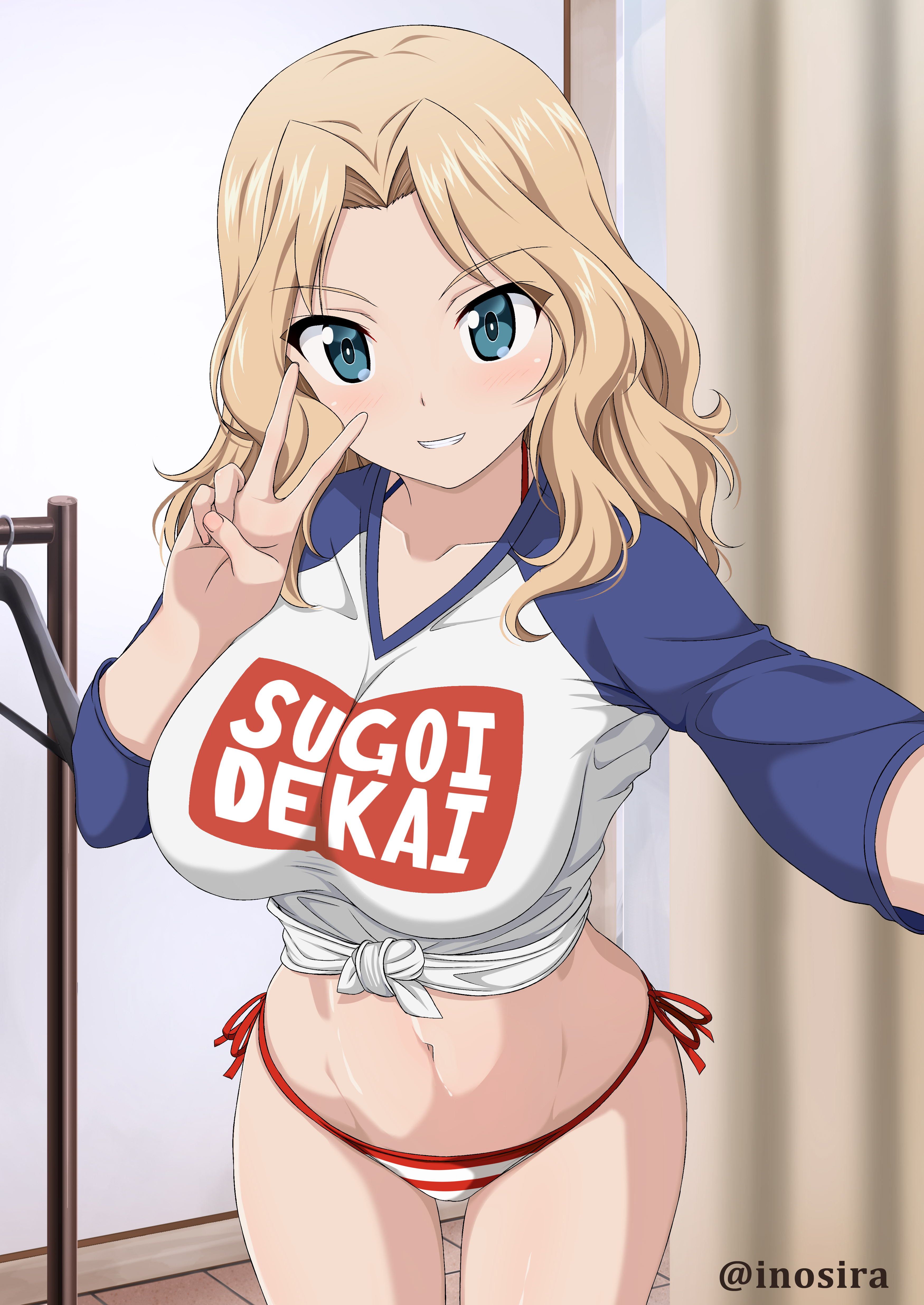 american flag bikini, bikini, blonde hair, blue eyes, blush, breasts, cleavage, female, girls und panzer, inoshira, kay (girls und panzer), large breasts, long hair, looking at viewer, navel, selfie, smile, solo, sugoi dekai, v, watermark