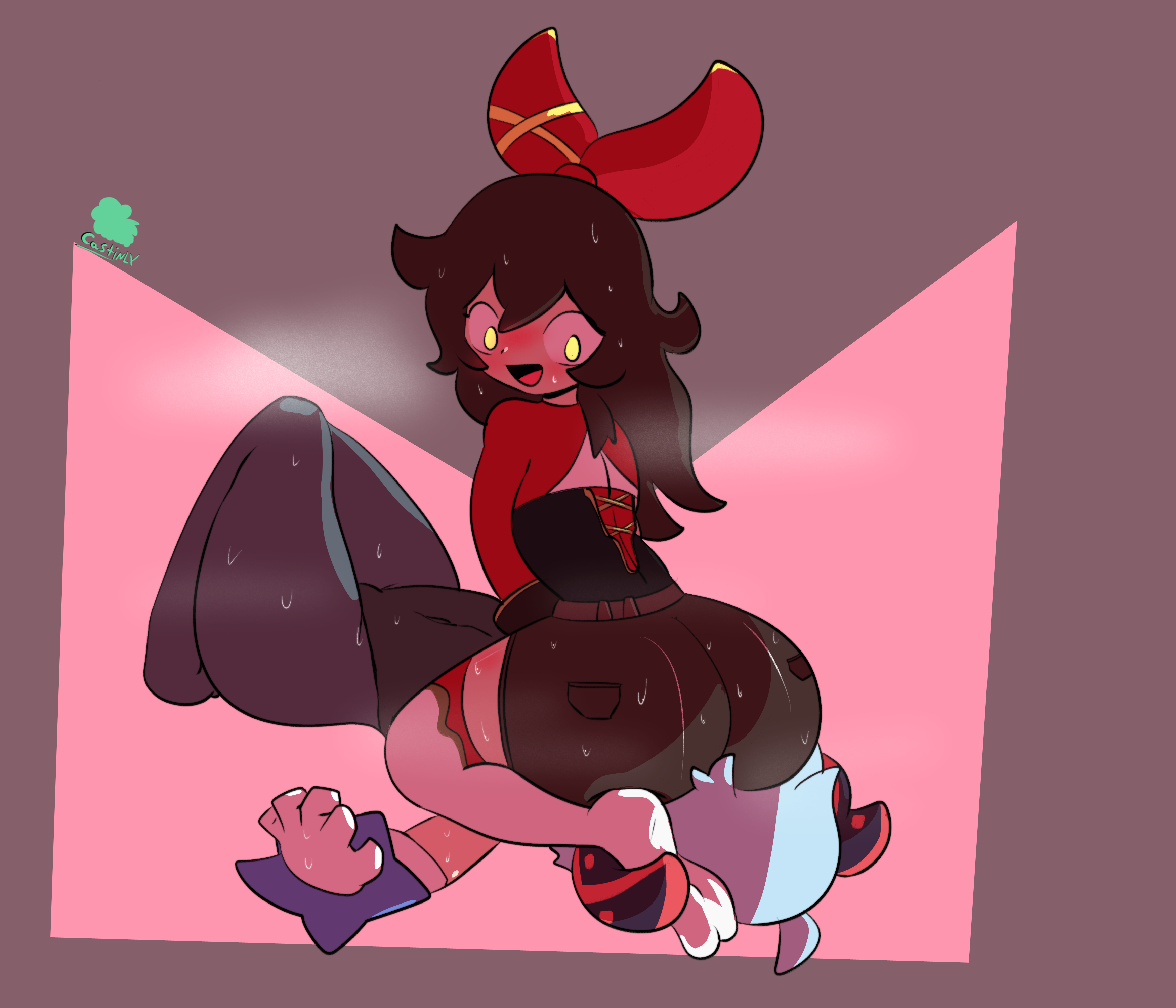 amber (genshin impact), ass, back view, big ass, blush, castinly, clothing, facesitting, female, ganyu (genshin impact), genshin impact, hoyoverse, long hair, looking back, massive ass, shorts, simple background, sitting on person, socks, steaming body, thick thighs, thighhighs, tight clothing, wide hips, yuri