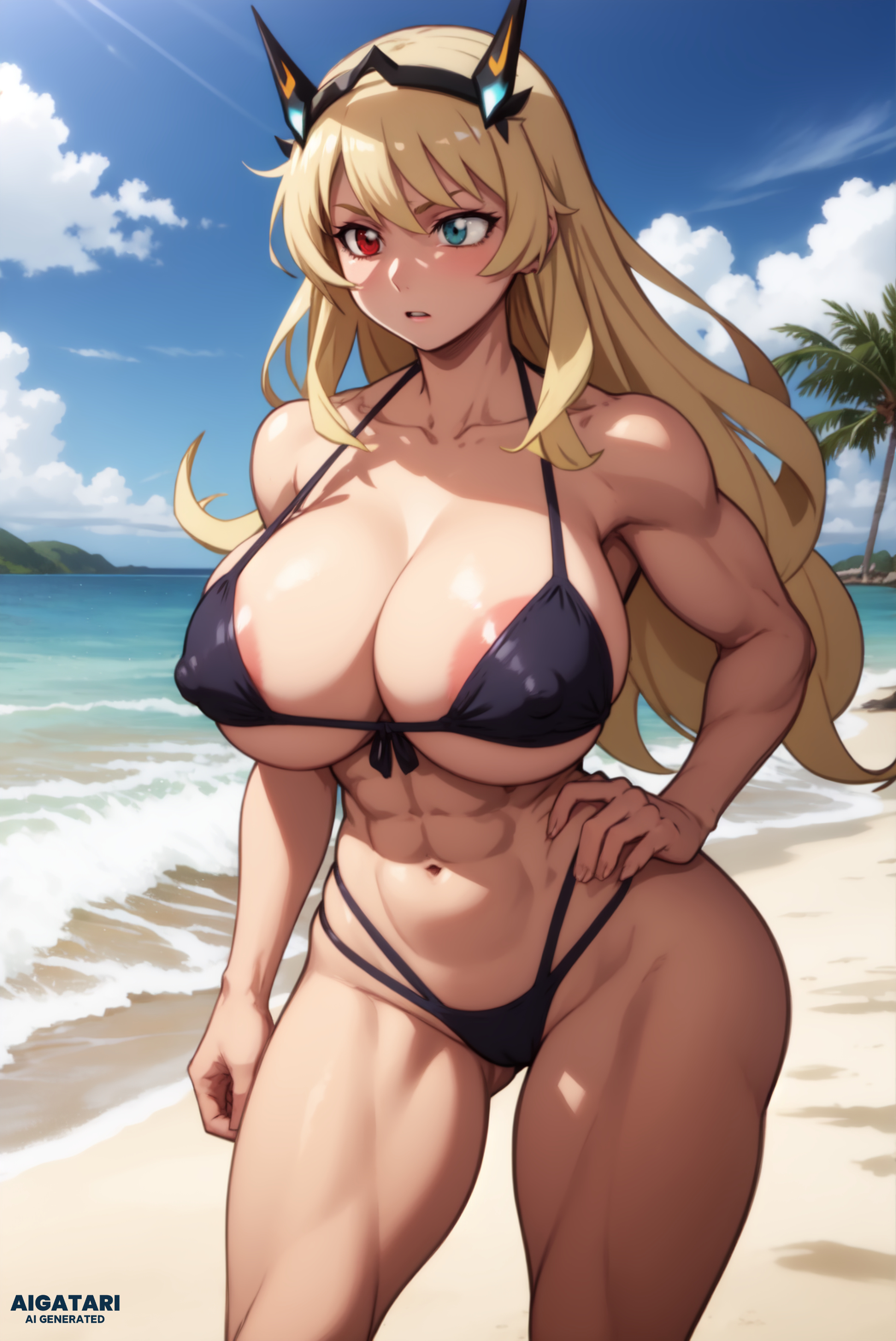 1girls, abs, ai generated, aigatari, areolae, barghest (gawain) (fate), biceps, bikini, blonde hair, clothing, fate (series), fate/grand order, female, heterochromia, high resolution, muscular, muscular female, swimsuit, very high resolution