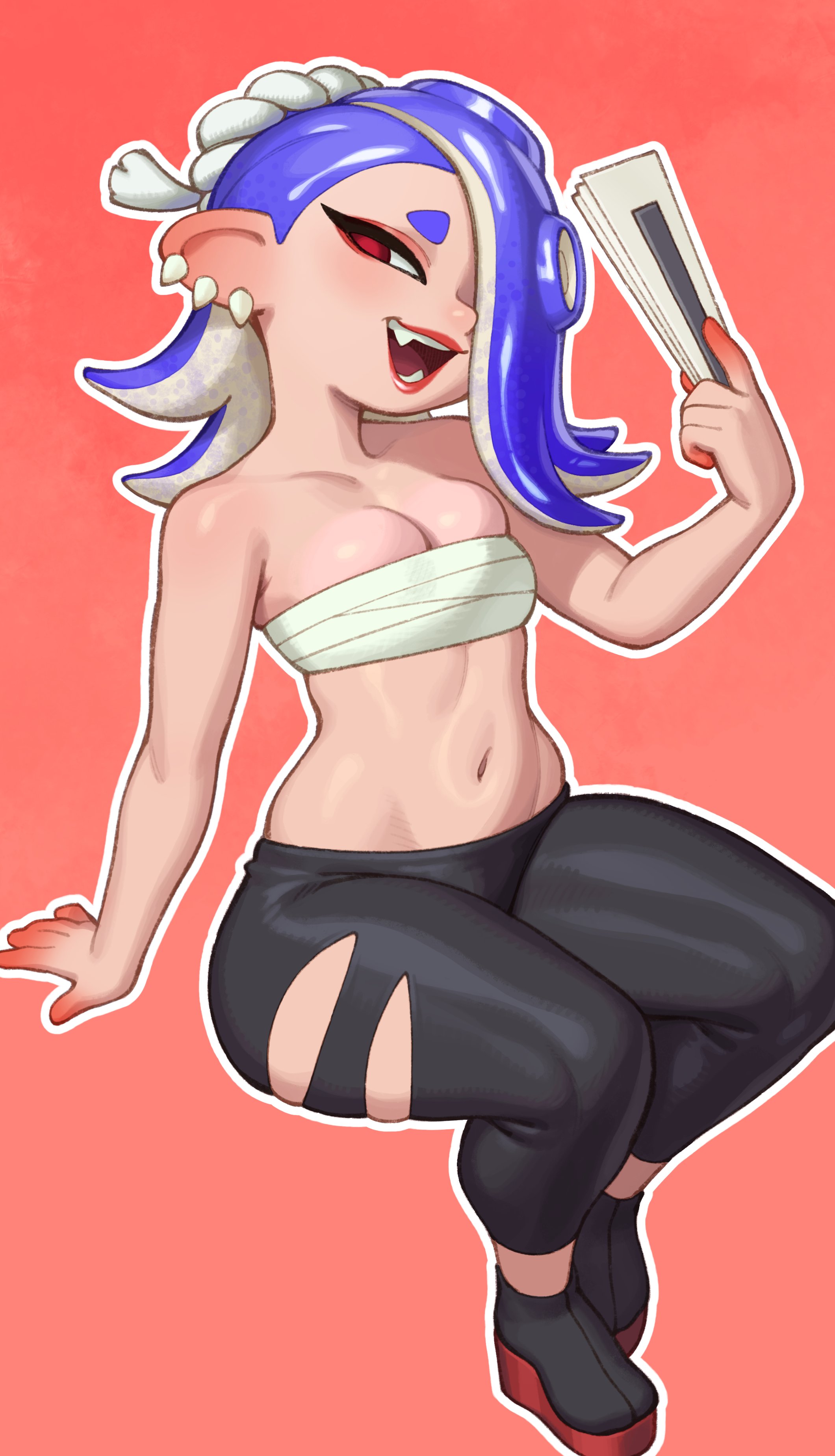 1girls, 2023, blue hair, breasts, cleavage, female, female only, hair over one eye, horny, light skin, light-skinned female, lipstick, midriff, navel, nintendo, octoling, pointy teeth, red eyes, rizdraws, shiver (splatoon), short hair, small breasts, smile, splatoon, splatoon (series), splatoon 3, tentacle hair, thick thighs, thighs