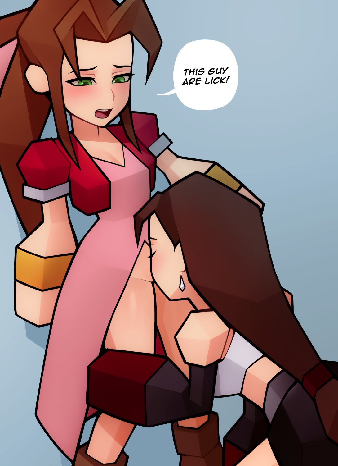 2girls aerith_gainsborough black_skirt breasts brown_hair cleavage crop_top cunnilingus dress female female_only final_fantasy final_fantasy_vii green_eyes highres long_hair loodncrood low_poly low_poly_aerith low_poly_tifa multiple_girls oral pink_dress polygonal ponytail shirt skirt tifa_lockhart white_shirt yuri