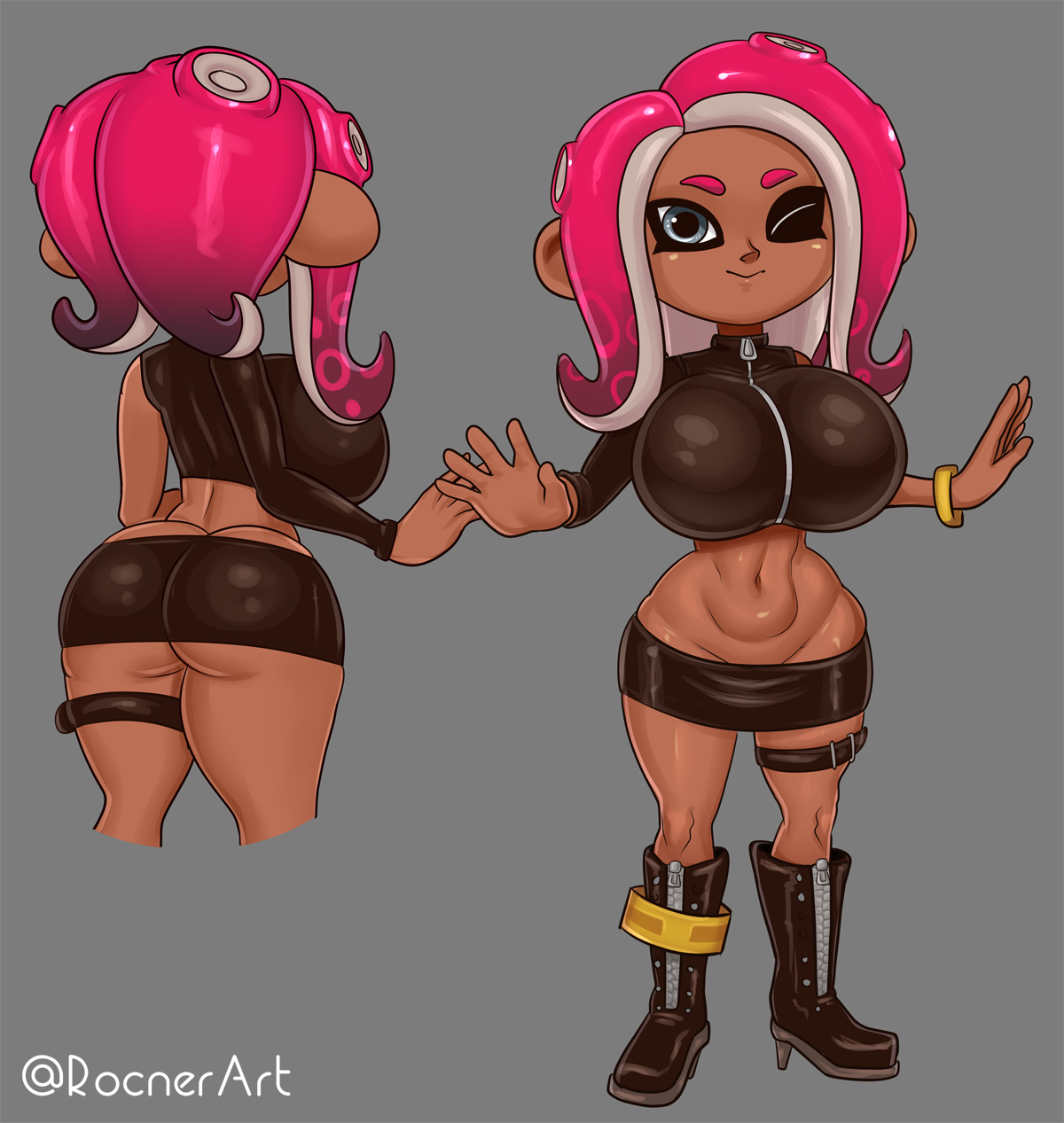 agent 8 (splatoon), ass, ass cleavage, ass crack, big ass, big breasts, breasts, butt crack, clothed, dark skin, dark-skinned female, female, female only, huge breasts, looking at viewer, nintendo, no underwear, octoling, octoling girl, rocner, skirt, solo, splatoon, splatoon (series), splatoon 2, splatoon 2: octo expansion, tentacle hair, underass, wink