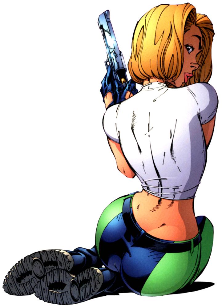 1girls abbey_chase bare_midriff black_boots blonde_hair blue_gloves danger_girl desert_eagle female female_only fully_clothed green_pants gun j_scott_campbell knees_together looking_over_shoulder muscular_back pistol_in_hand round_butt secret_agent short_hair small_waist solo tight_clothing white_crop_top