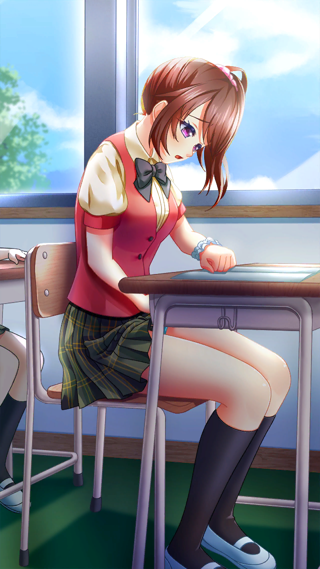 black_bow black_bowtie black_socks bow bowtie brown_hair classroom collared_shirt desk doukyuusei doukyuusei_another_world dress_shirt female female_masturbation game_cg green_skirt hair_ornament hair_scrunchie indoors long_hair looking_down masturbation miniskirt pink_scrunchie plaid plaid_skirt pleated_skirt purple_eyes red_vest satozaki_minatsu school_uniform scrunchie shirt short_sleeves side_ponytail sitting skirt socks solo stealth_masturbation vest wing_collar yellow_shirt