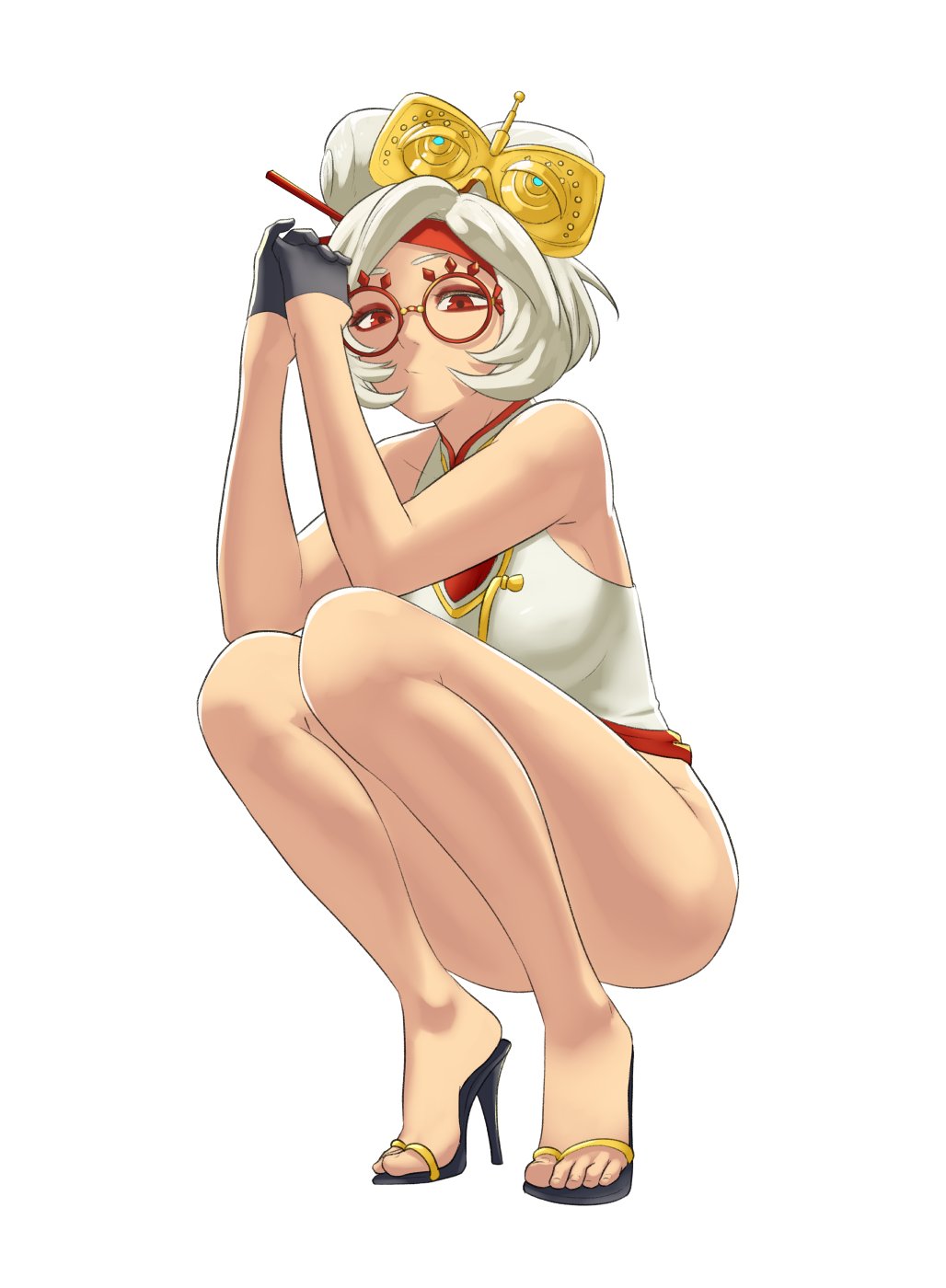 1girls, bare legs, black gloves, bottomless, breasts, closed mouth, commentary request, female, female only, full body, glasses, gloves, hair ornament, hair stick, high heels, highres, legs, looking at viewer, medium breasts, nintendo, pomelomelon, purah, purah (tears of the kingdom), red eyes, red-framed eyewear, round eyewear, sandals, shirt, short hair, simple background, sleeveless, sleeveless shirt, solo, squatting, tears of the kingdom, the legend of zelda, the legend of zelda: tears of the kingdom, thighs, toes, white background, white hair, white shirt