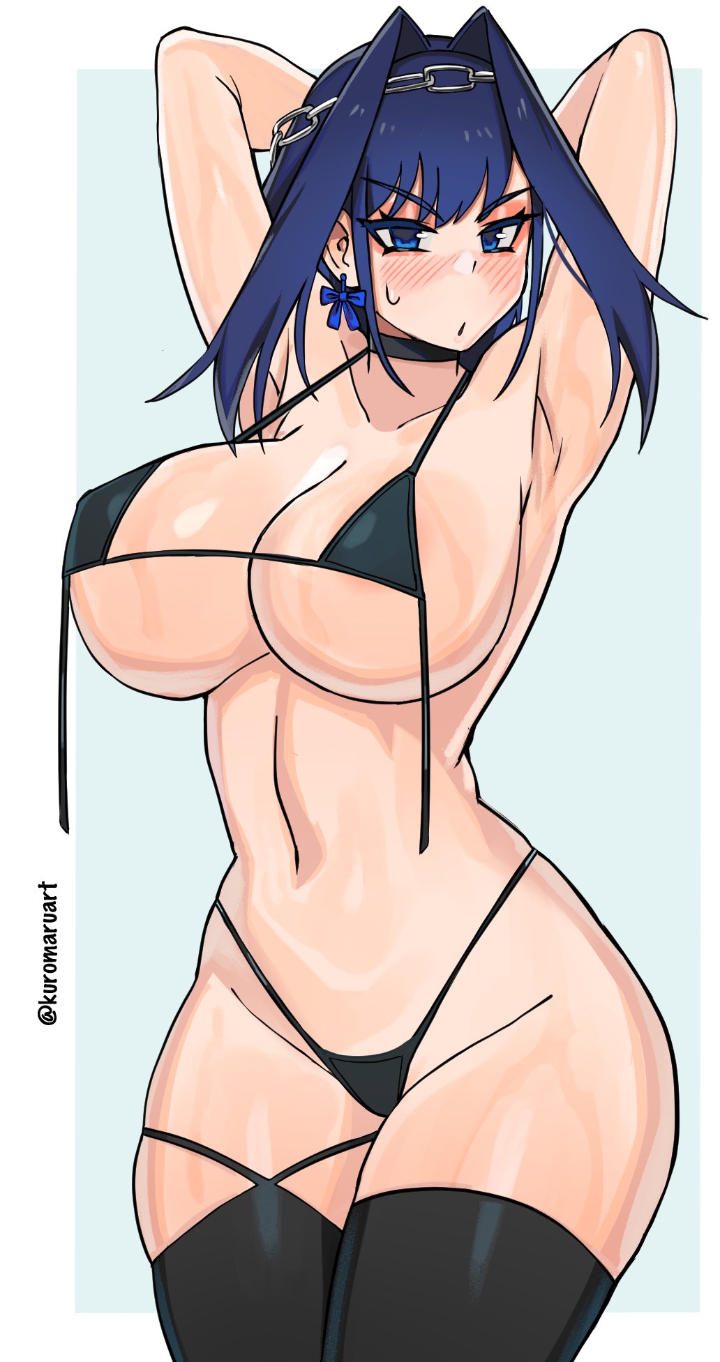 1girls, armpits, arms behind head, bikini, breasts, choker, female, female only, hololive, hololive english, hololive english -council-, hololive english -promise-, kuromaruart, large breasts, ouro kronii, solo, tagme, thick thighs, thighhighs, virtual youtuber