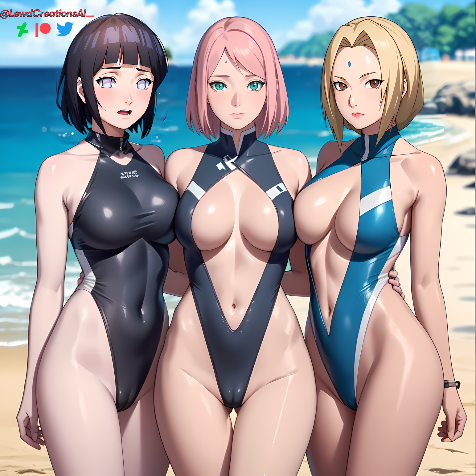 3girls, ai generated, beach, big breasts, black hair, blonde hair, blush, boruto: naruto next generations, breasts, brown eyes, cameltoe, embarrassed, female, female only, forehead jewel, forehead mark, green eyes, half naked, haruno sakura, hyuuga hinata, lewdcreationsai, looking at viewer, multiple females, multiple girls, naruto, naruto (series), naruto shippuden, naruto: the last, navel, one-piece swimsuit, outdoors, pink hair, pussy, sakura haruno, school swimsuit, thick thighs, thighs, thighs together, tsunade, uchiha sakura, uzumaki hinata, white eyes