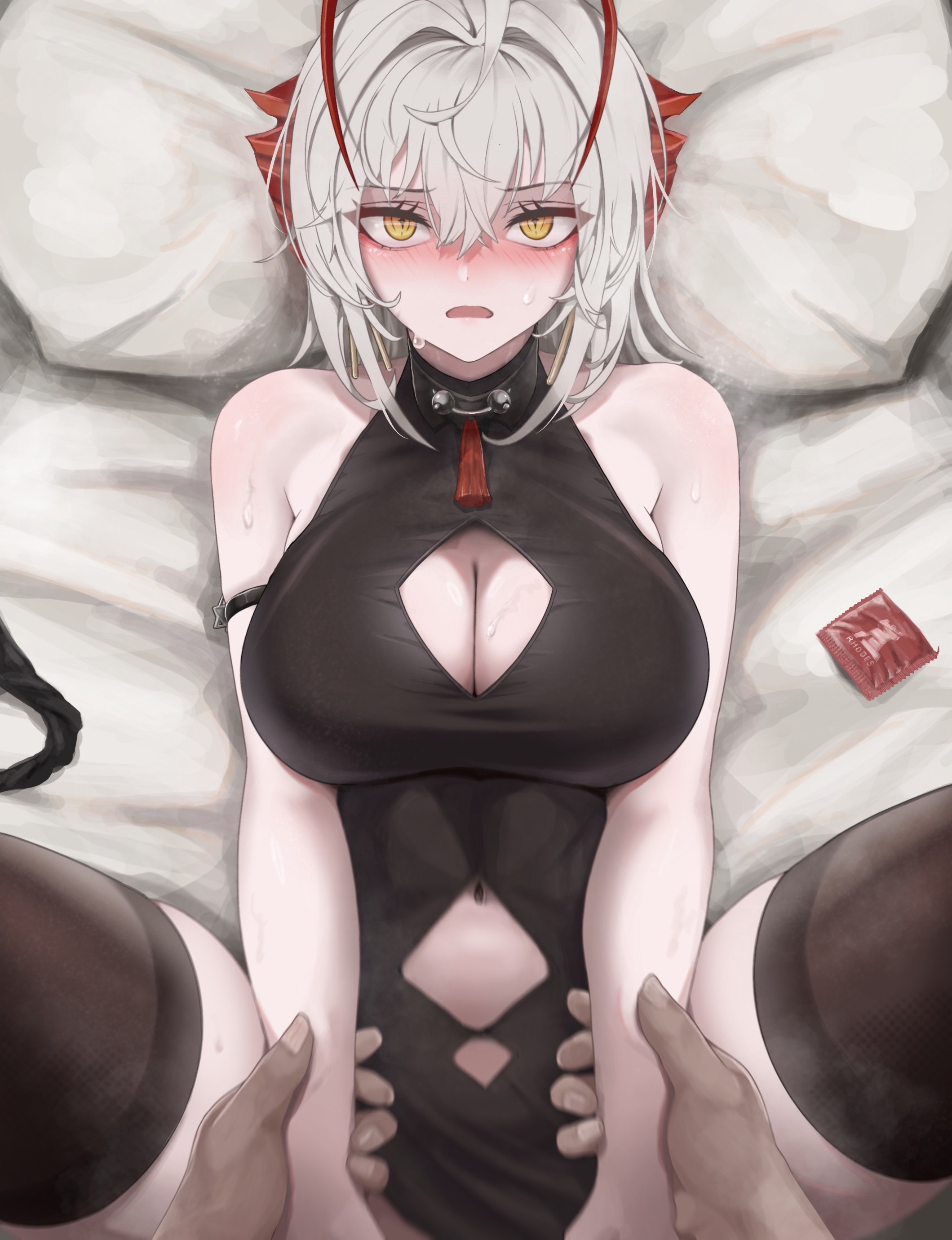1boy, 1girls, 2023, arknights, bare shoulders, bed, big breasts, blush, boob window, breasts, condom, demon, demon girl, demon horns, female, hi res, horns, legs apart, light skin, light-skinned female, looking at viewer, lying, lying on back, male, mildt, open mouth, short hair, spread legs, thighhighs, w (arknights), white hair, yellow eyes