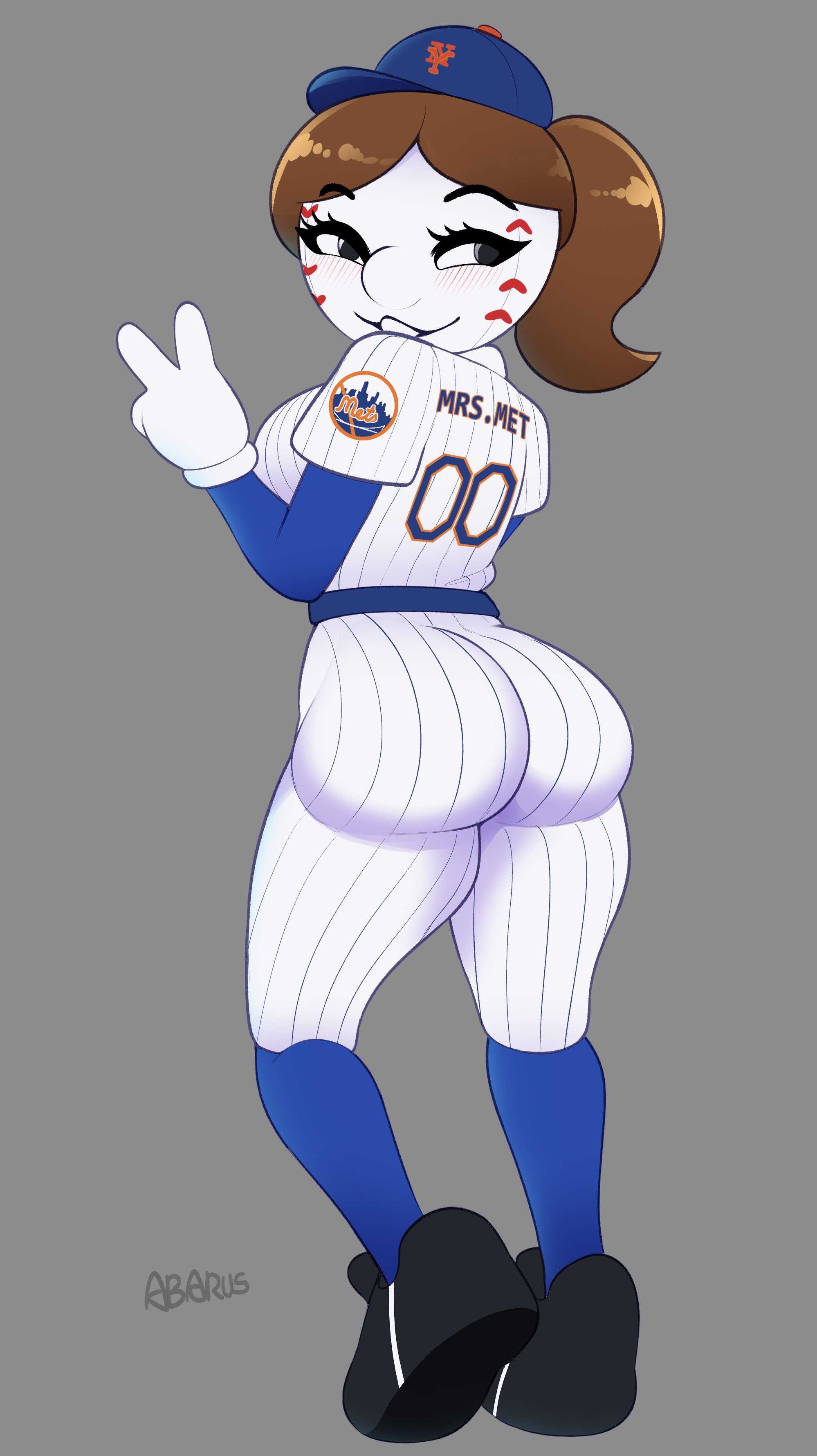 2023, 2d, abarus, ass, baseball, baseball cap, baseball uniform, big ass, big butt, blush, brown hair, clothed, female, female only, gloves, hat, hi res, large ass, looking at viewer, looking back, mascot, mrs. met, peace sign, ponytail, round ass, solo, solo female, standing, thighs, v sign