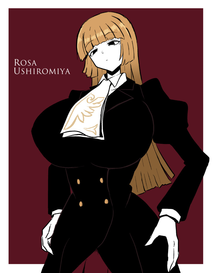 07th_expansion 1girls alternate_breast_size blunt_bangs breasts breasts_bigger_than_head brown_hair dress female fully_clothed hands_on_hips hime_cut huge_breasts kerchief large_breasts long_hair milf rosa_ushiromiya solo solo_female straight_hair toshiaki1277 umineko_no_naku_koro_ni