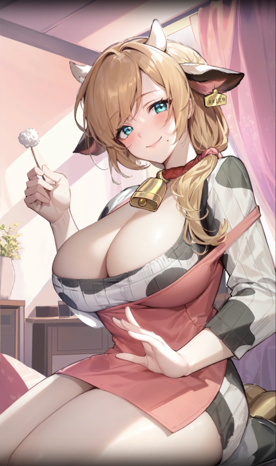 1girls apron big_breasts blonde_hair blue_eyes blush cow_ears cow_girl cow_horns cow_print cowbell ear_cleaning ear_tag game_cg isekai_slow_life lap_pillow lap_pillow_invitation looking_at_viewer mater_(isekai_slow_life) mimikaki mole