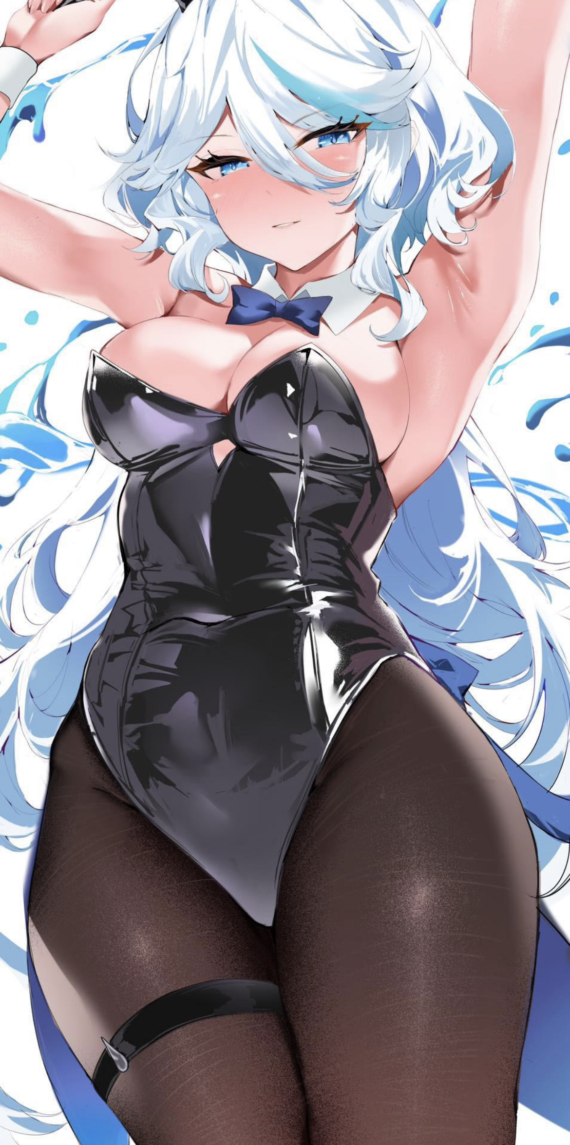 armpits, belly button, blue eyes, blue hair, bowtie, breasts, bunny ears, bunnysuit, cleavage, detached collar, female, furina (genshin impact), garter straps, genshin impact, large breasts, leotard, long hair, pantyhose, shiben (ugvu5784), smug, thick thighs, thigh strap, wrist cuffs