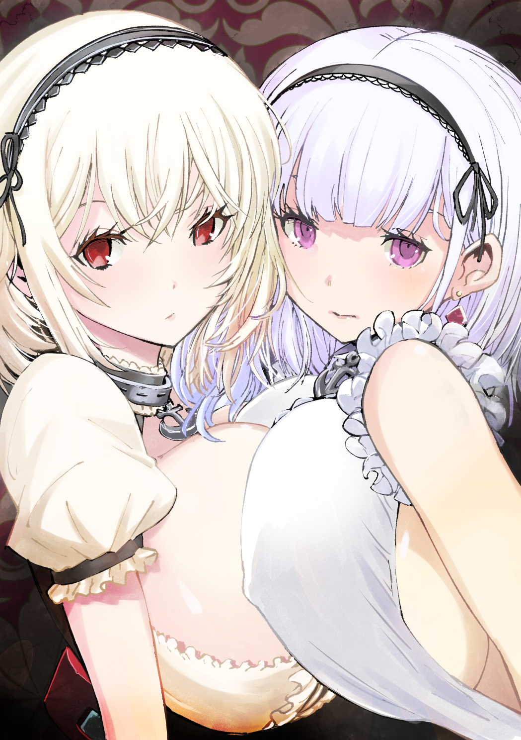 2girls anchor_ornament azur_lane bare_shoulders black_hairband black_ribbon breast_press breasts center_frills closed_mouth covered_nipples crossed_bangs dido_(azur_lane) earrings eyelashes frills hair_between_eyes hairband highres huge_breasts jewelry light-skinned_female light_skin looking_at_viewer multiple_girls muramasa_mikado puffy_short_sleeves puffy_sleeves purple_eyes red_eyes ribbon royal_navy_(azur_lane) short_hair short_sleeves sideboob sirius_(azur_lane) symmetrical_docking white_hair