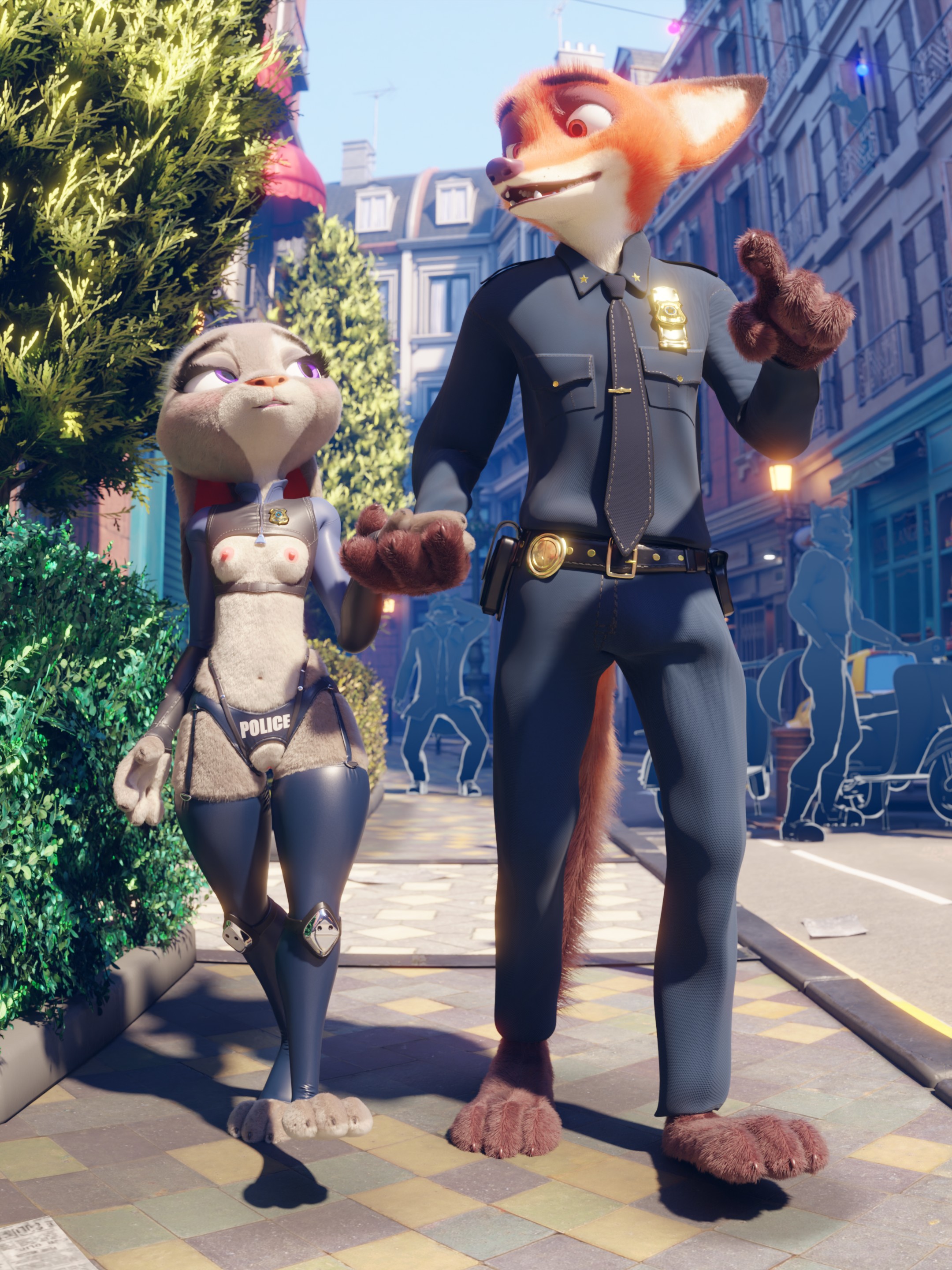 3d, anthro, breasts, bunny, cop, disney, exhibitionism, female, fox, fully clothed, furry, grey fur, height difference, hi res, judy hopps, lingerie, nick wilde, orange fur, petite, pochemu, purple eyes, rabbit, realistic, small breasts, street, uniform, zootopia