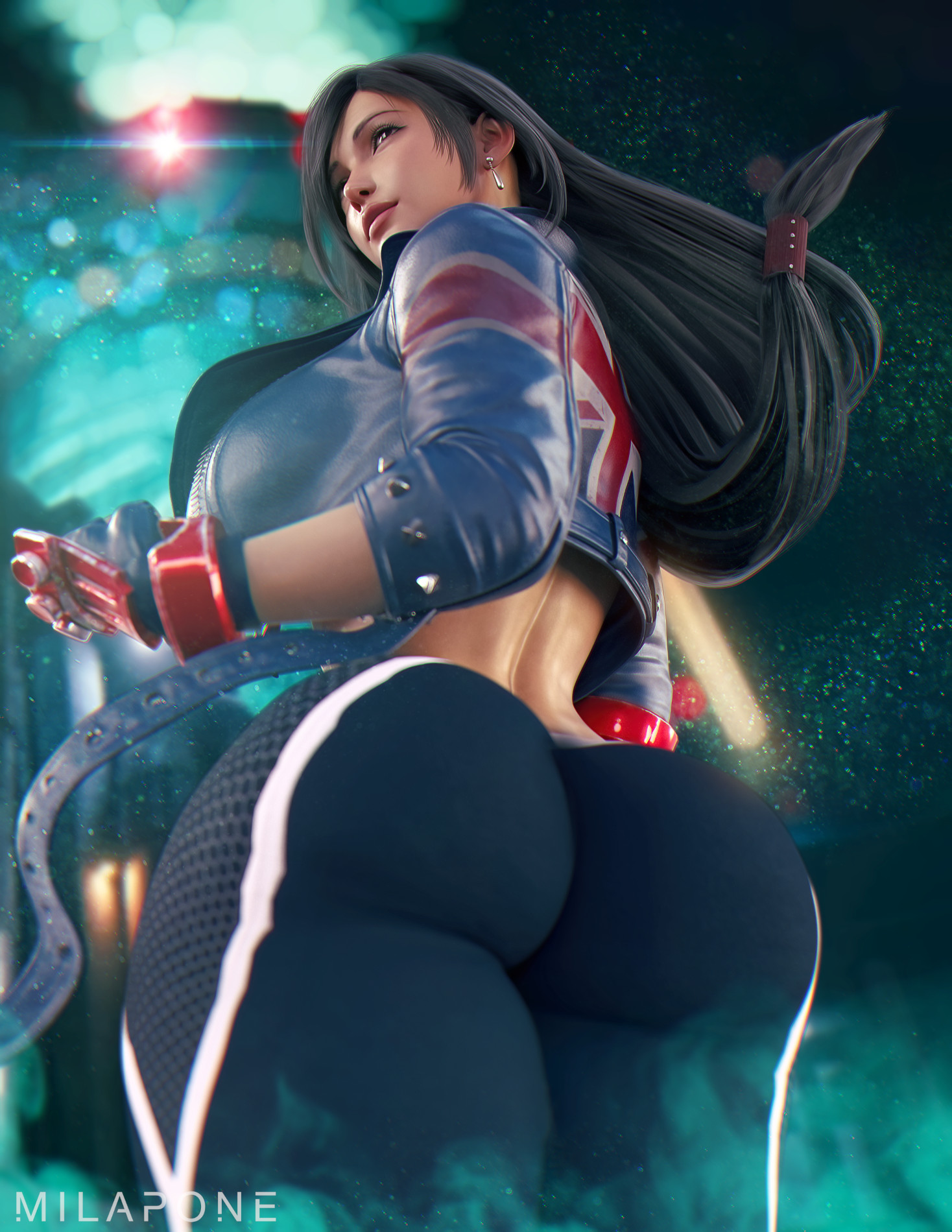 1girls, 3d, abs, ass, big ass, big breasts, black hair, breasts, bubble ass, bubble butt, cammy white (cosplay), cosplay, crossover cosplay, fat ass, female, female only, final fantasy, final fantasy vii, long hair, milapone, open jackey, solo, street fighter, thick thighs, tifa lockhart, union jack