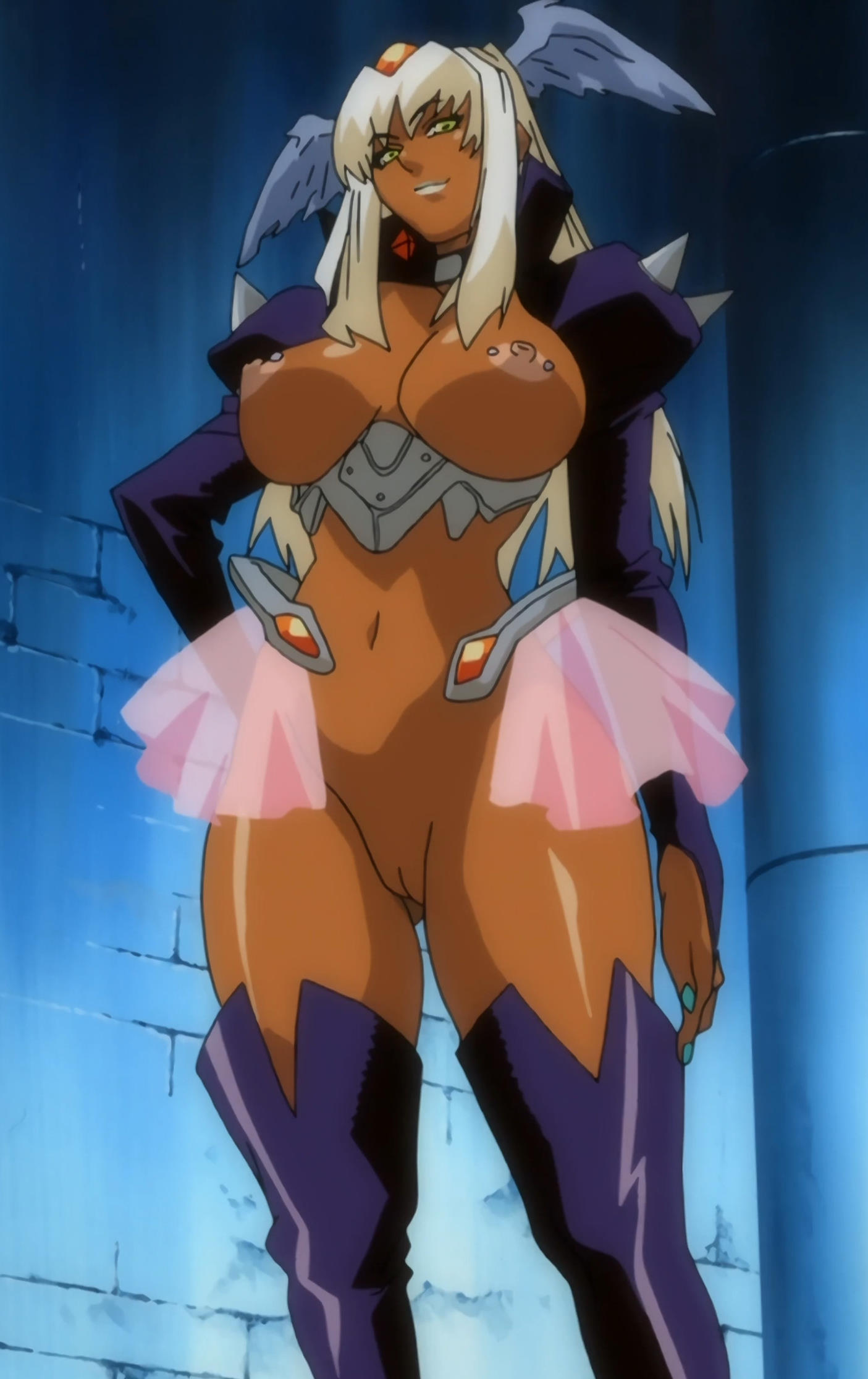 1girls angel_blade anime_screencap areolae blonde_hair breasts clothing dark-skinned_female dark_skin exposed_breasts exposed_pussy green_eyes head_wings hips large_breasts monster_girl nail_polish nailkaiser nipple_piercing nipples ova plump revealing_clothes screencap screenshot thick_thighs thighhighs thighs tummy uncensored