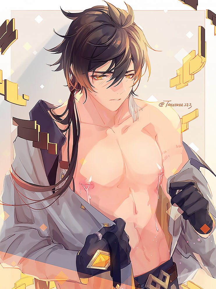 1boy antenna_hair earrings eyeliner genshin_impact jewelry lactating lactating_nipples lactation leaking_milk leaking_nipples makeup male male_lactation male_only nipples open_clothes open_shirt shield single_earring solo treetree233 zhongli_(genshin_impact)