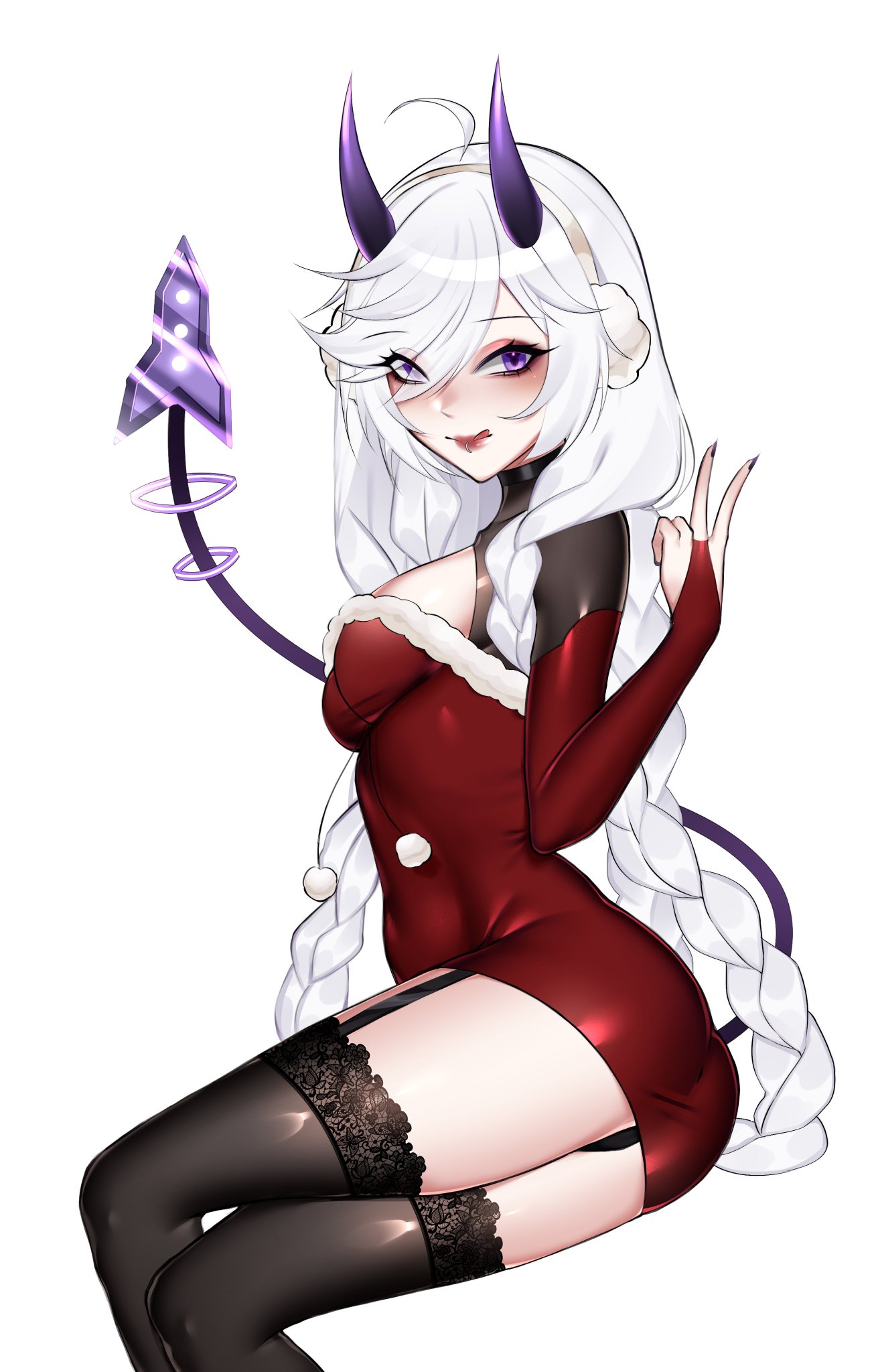 1girls, black nails, blush, breasts, christmas, christmas outfit, clothed, clothing, earmuffs, female, female only, horns, huge breasts, indie virtual youtuber, licking lips, light skin, light-skinned female, lip piercing, piercing, powdur (powdury), purple eyes, revealing clothes, sickx , simple background, solo, tail, virtual youtuber, white background, white hair