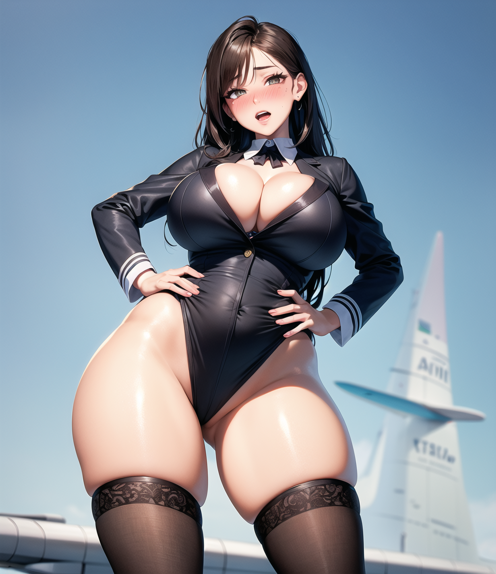 1girls ai_generated black_hair blush flight_attendant flustered green_eyes hi_res huge_breasts leotard long_hair looking_at_viewer plane seductive_look stable_diffusion thighhighs