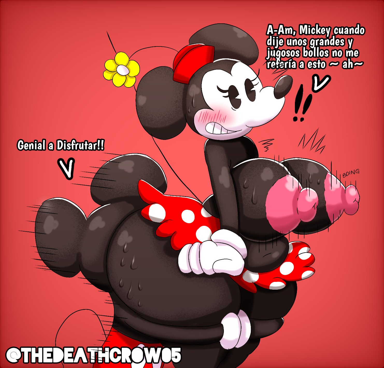 ass, big ass, blushing, disney, face in ass, furry, mickey mouse, mickey mouse shorts, minnie mouse, nipples, pink nipples, public domain, rodent, spanish dialogue, spanish text, thedeathcrow05, twitter username