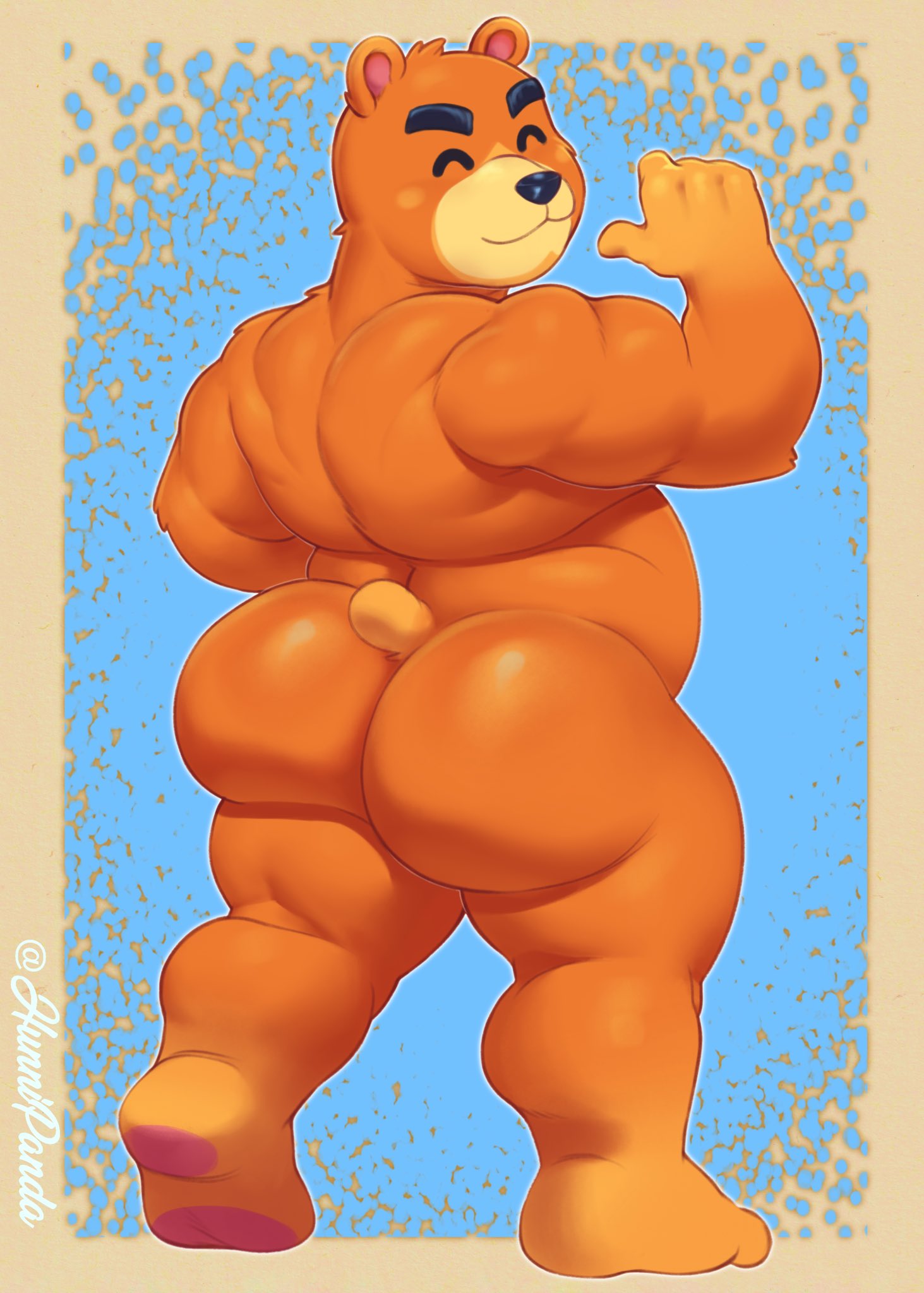 1boy, animal crossing, anthro, ass, ass focus, bara, bear, big ass, closed eyes, furry, gay, hunnipanda, male, male only, muscles, muscular, nintendo, nude, solo, solo male, teddy (animal crossing), ursid, video games, yaoi