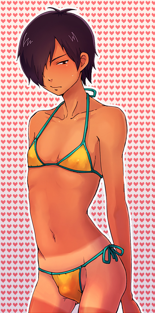 1boy bikini bulge crossdressing dark-skinned_femboy dark-skinned_male dark_skin femboy heart heart_background kazuma_ikezawa kintsuku looking_at_viewer male male_only nipple_bulge solo summer_wars tan-skinned_femboy tan-skinned_male tan_body tanned tanned_body tanned_skin