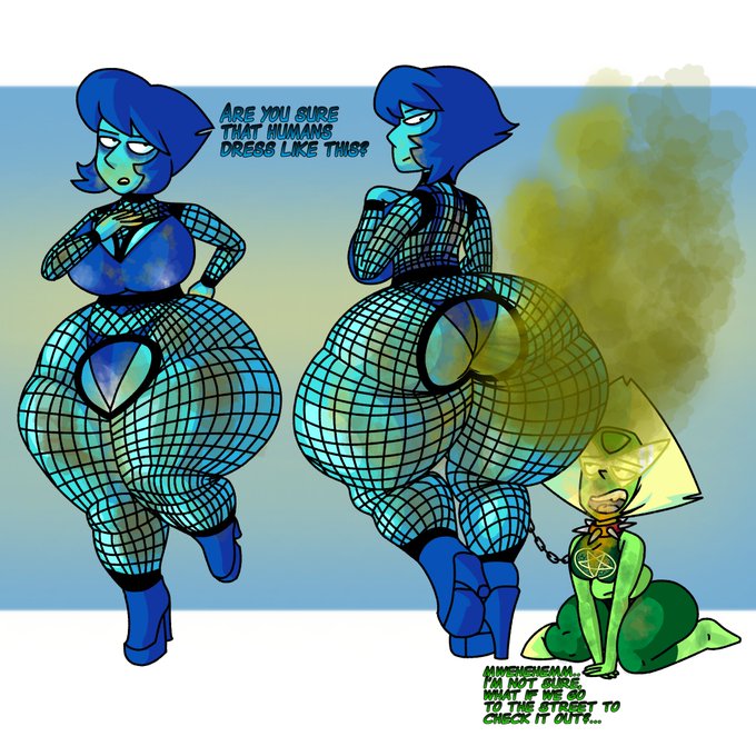 2girls ass big_ass blue_skin bottom_heavy brap cartoon_network collar dialogue fart fart_cloud fart_fetish farting female female_only femdom femsub fishnets huge_ass huge_butt lapis_lazuli_(steven_universe) leash mrwastemaster musk panties peridot_(steven_universe) steven_universe stinky text thick_thighs wide_hips