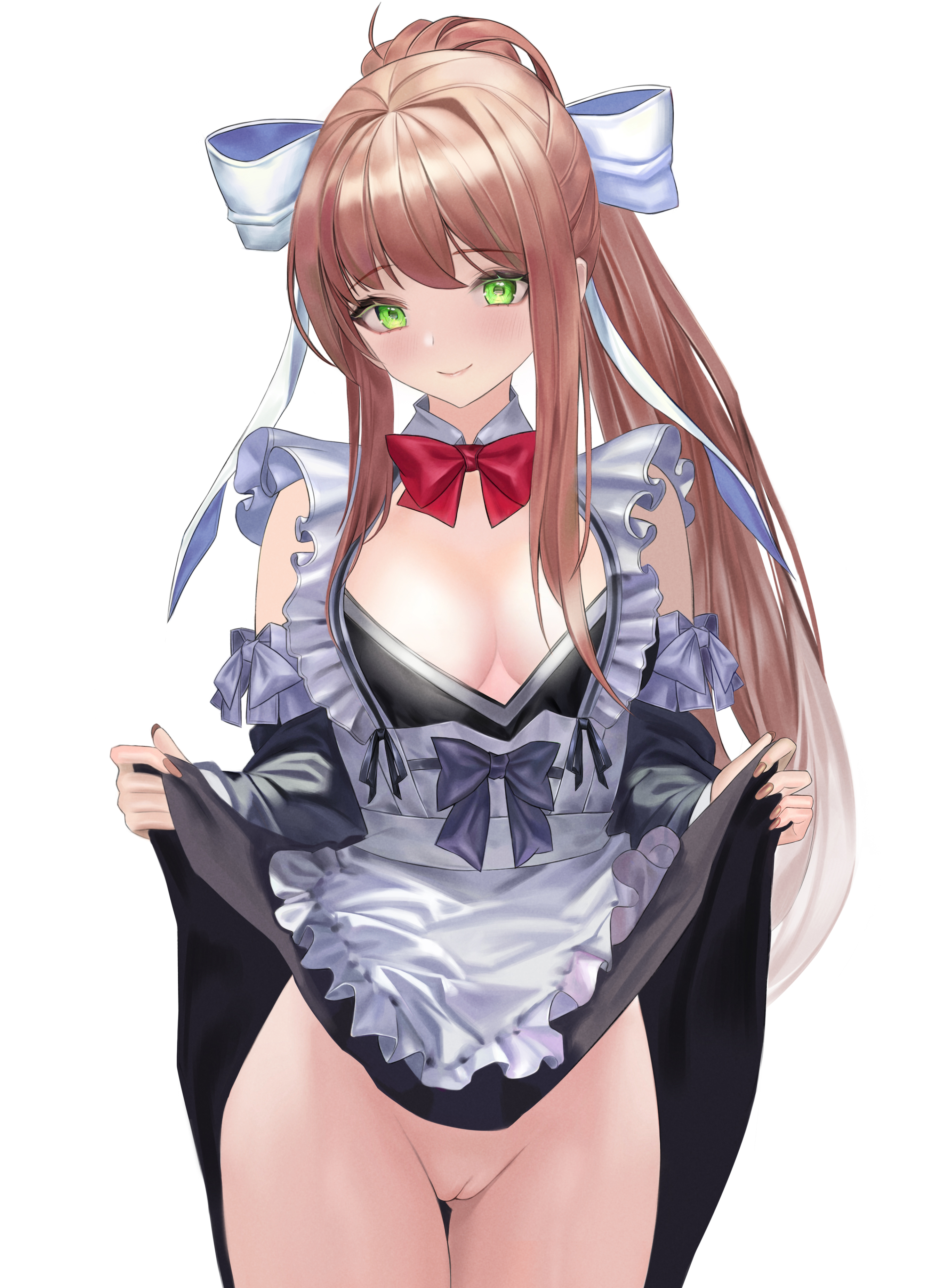 1girls, absurd res, black dress, black sleeves, blush, bow, bowtie, breasts, brown hair, cleavage, detached sleeves, doki doki literature club, dress, dress lift, enmaided, feet out of frame, female, female only, green eyes, hairbow, hi res, long hair, looking at viewer, maid, maid apron, maid uniform, medium breasts, monika (doki doki literature club), no panties, ponytail, pussy, red bowtie, simple background, skirt lift, smile, solo, solo female, standing, thighs, uncensored, white background, white bow, yami (artist)