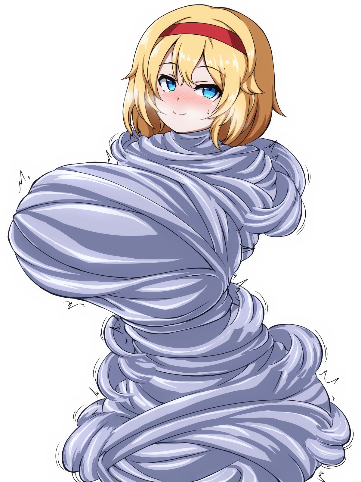 1girls alice_margatroid blonde_hair blue_eyes blush bondage bound breasts closed_mouth cocoon cocooned female hairband heavy_breathing huge_breasts looking_at_viewer mummification okra_sticky red_hairband restrained short_hair simple_background smile solo spider_web touhou upper_body web web_bondage white_background