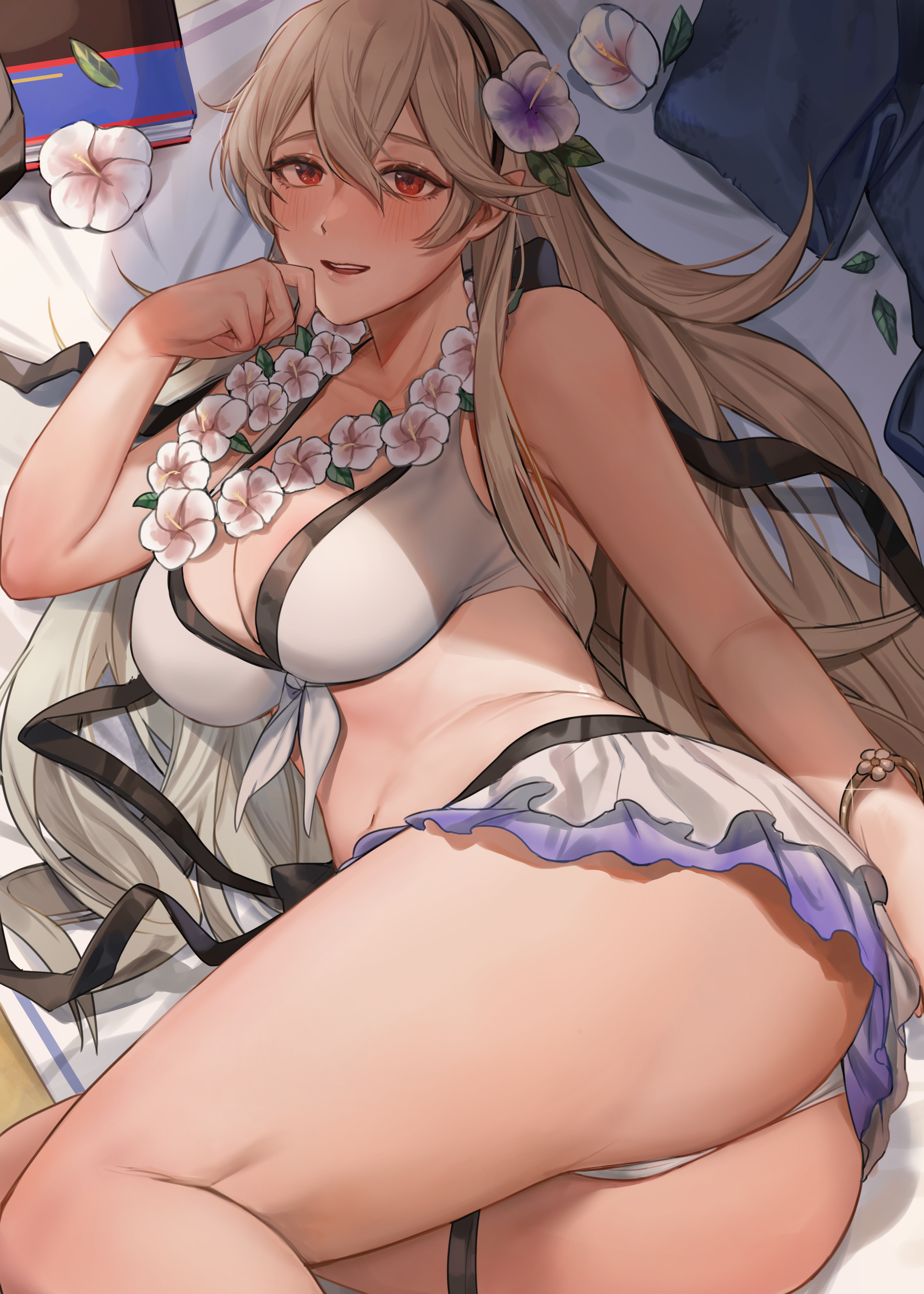 1girls, alternate costume, ass, beach towel, bikini, black hairband, blush, book, bracelet, breasts, cleavage, commentary, corrin (fire emblem), corrin (fire emblem) (female), day, english commentary, feet out of frame, female, female only, fire emblem, fire emblem fates, fire emblem heroes, flower, flower necklace, frilled bikini, frills, front-tie bikini top, front-tie top, glint, grey hair, hair between eyes, hair flower, hair ornament, hairband, hand to own mouth, jewelry, large ass, large breasts, leaf, lei, long hair, looking at viewer, lying, muunai, navel, nintendo, official alternate costume, on side, open mouth, outdoors, paid reward available, patreon logo, patreon username, red eyes, shade, smile, solo, stomach, swimsuit, thigh strap, thighs, thong bikini, towel, web address, white bikini, white swimsuit