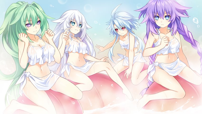 2d 2d_(artwork) 2d_artwork 4girls 5_fingers belly_button black_heart blanc blue_eyes clothed clothed_female clothing digital_art digital_drawing digital_drawing_(artwork) digital_media digital_media_(artwork) digital_painting_(artwork) female female_only green_hair green_heart hair hyperdimension_neptunia light-skinned_female light_skin long_hair navel neptune_(neptunia) neptunia_(series) neptunia_x_senran_kagura_ninja_wars noire official_art purple_hair purple_heart_(neptunia) purple_skin red_eyes vert water white_hair white_heart white_heart_(neptunia)