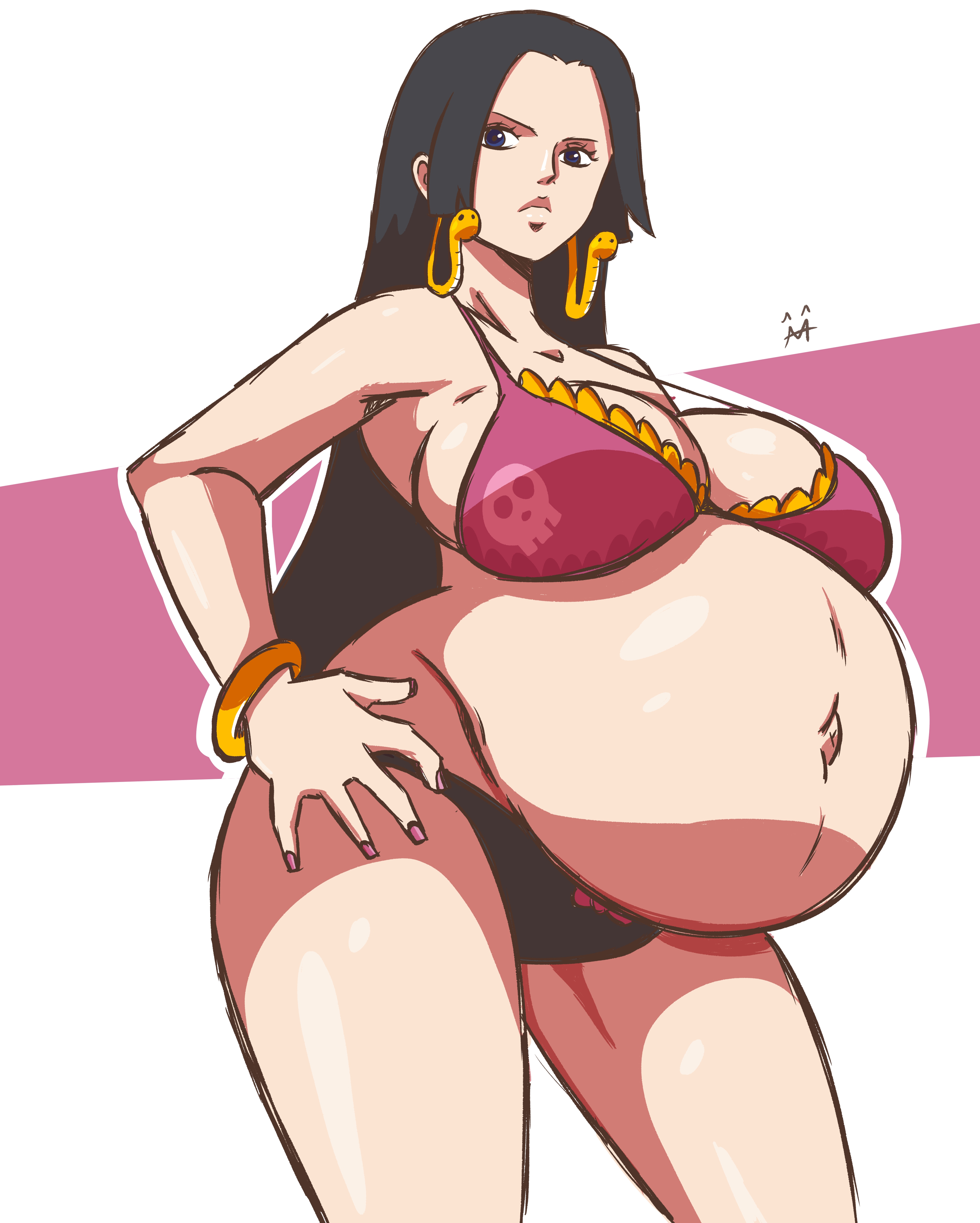 1girls, 2024, 2d, 2d artwork, arbrianarchy, belly, big belly, big breasts, bikini, black hair, boa hancock, breasts, cleavage, earrings, female, female only, hand on hip, large breasts, one piece, outie navel, pregnant, sideboob, solo, thick thighs