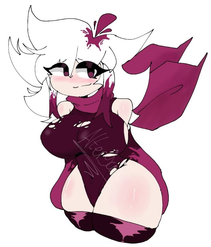 alter9code breasts dusttrust dusttrust_sans female_sans humanized large_breasts magenta_eyes rule_63 sans sans_au tagme tagme_(character) thick_thighs thighhighs thighs undertale_au wardrobe_malfunction white_background white_hair wide_hips