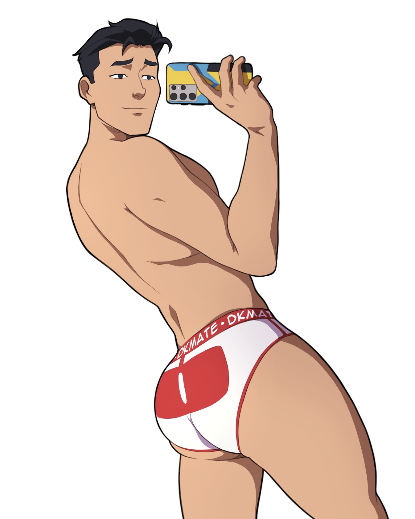 1boy, ass, back, back view, big ass, big butt, black hair, briefs, briefs only, dkmate, fat ass, fat butt, holding object, holding phone, huge ass, huge butt, human, human only, invincible, male, male focus, male only, mark grayson, phone, solo, solo focus, solo male, standing, taking photo, taking picture, thick ass, thick butt, topless, underwear, underwear only, white background, white briefs, white underwear