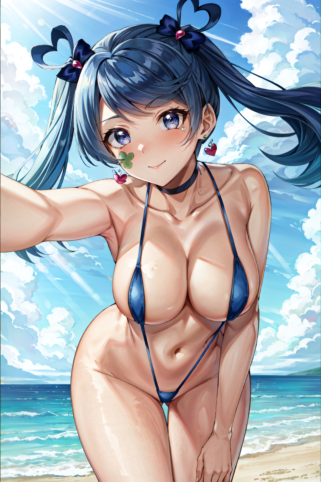 ai_generated beach_background bikini blue_angel blue_hair blush female huge_breasts looking_at_viewer navel purple_eyes sephiaton955 sling_bikini smile solo yu-gi-oh! yu-gi-oh!_vrains zaizen_aoi