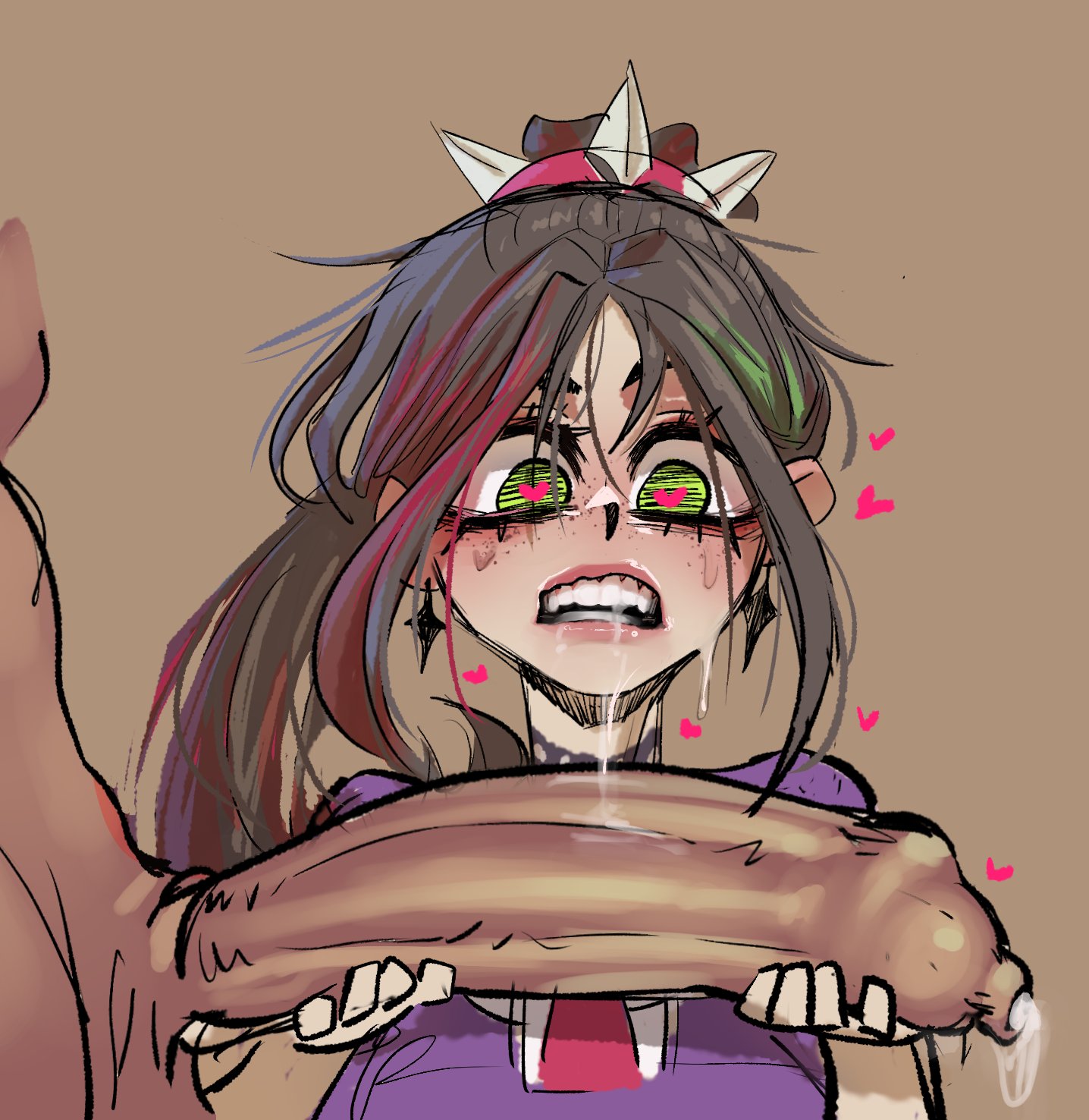1boy, 1girls, 2023, 2d, big penis, clothed, clothed female, clothed female nude male, drooling, earrings, faceless character, female, foreskin, fortnite, freckles, freckles on face, green eyes, hands on penis, heart, heart-shaped pupils, hearts, hearts around head, helsie (fortnite), holding penis, huge cock, huge penis, large penis, long hair, long penis, looking at penis, looking down, lord moku, male, nude, nude male, open mouth, partial male, penis, penis awe, precum, surprised, tan background, uncensored, uncircumcised, uncut, unretracted foreskin