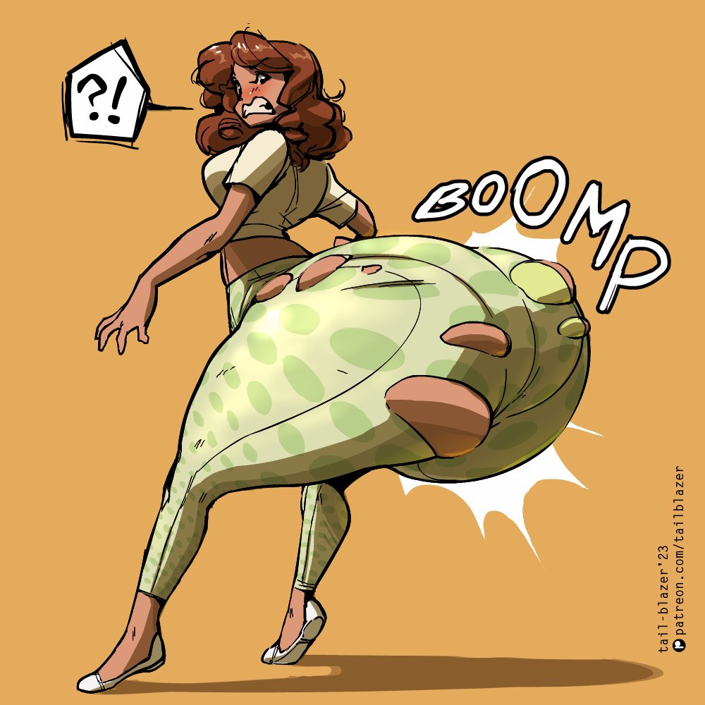 1girls, 2023, absurd res, ass, ass expansion, autumn (tail-blazer), bottom heavy, brown hair, expansion, female, female focus, gigantic ass, hips, huge ass, huge thighs, looking back, short hair, solo, solo female, solo focus, surprised, tail-blazer, thick thighs, thighs, wardrobe malfunction, wide hips