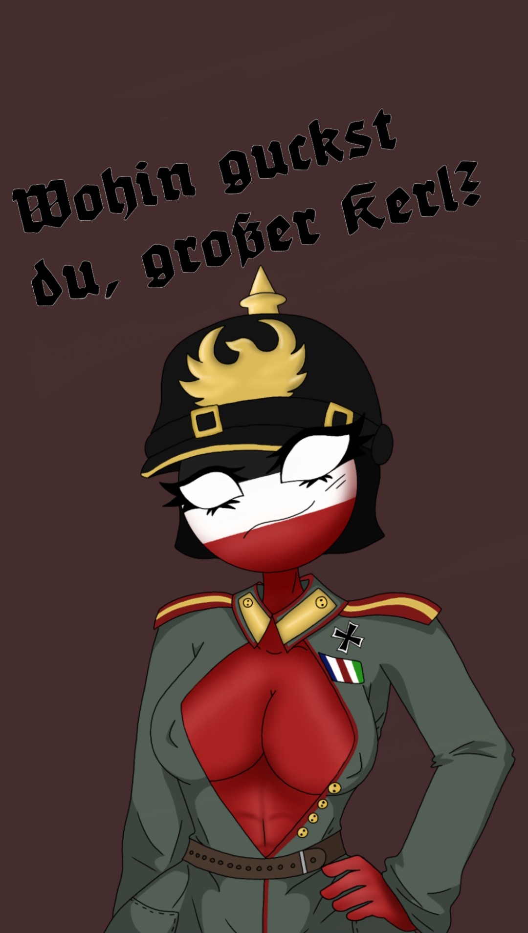 abs big_breasts boob_window countryhumans countryhumans_girl eyelashes female german_empire german_empire_(countryhumans) german_text looking_at_viewer pickelhaube simple_background slim_waist smirk smirking solo solo_female wide_hips