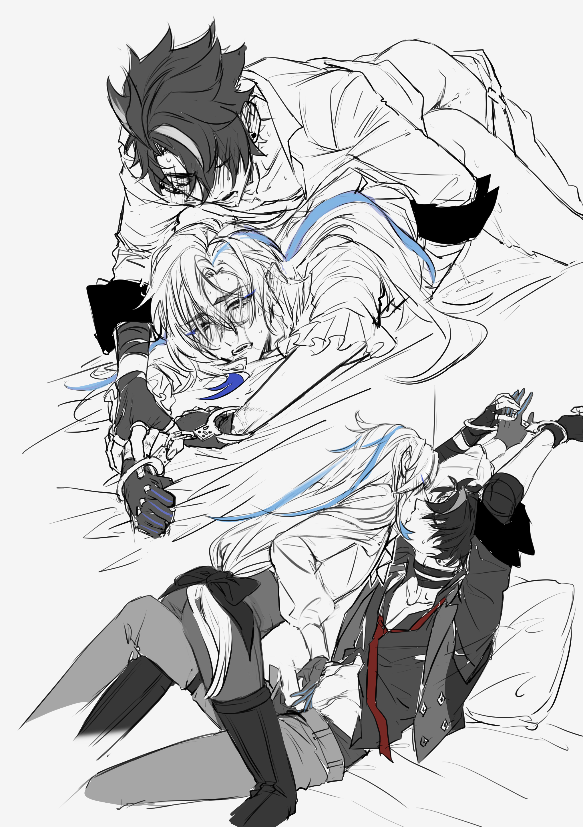 2boys, anal, anal sex, blush, bondage, gay, genshin impact, handcuffs, handjob, long hair, male, male only, neuvillette (genshin impact), restrained, wriothesley (genshin impact), yaoi, ysbllog