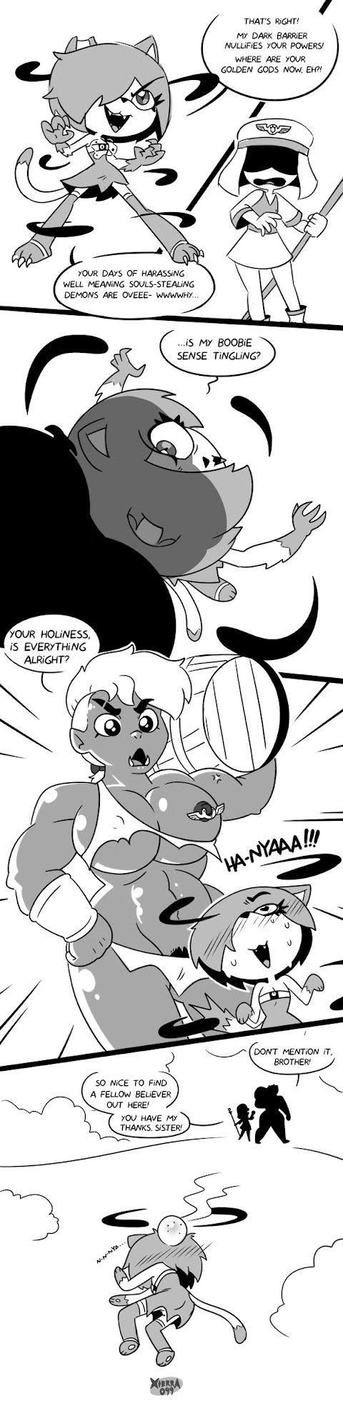 1boy 2girls barrel breasts cat_humanoid cat_tail catgirl clothed_female_nude_female comic comic_panel dark-skinned_female dialogue dungeons_and_dragons fantasy female_human hair_covering_eye hair_covering_one_eye half-dressed half_naked hero human_female light-skinned_female light-skinned_male light_skin minyarva minyarva_series monochrome muscular_female nipple_ring nipples no_color orc orc_female outdoors priest pubic_hair_peek shiny_skin staff trees unseen_eyes unshaved_pussy xierra099 yuri