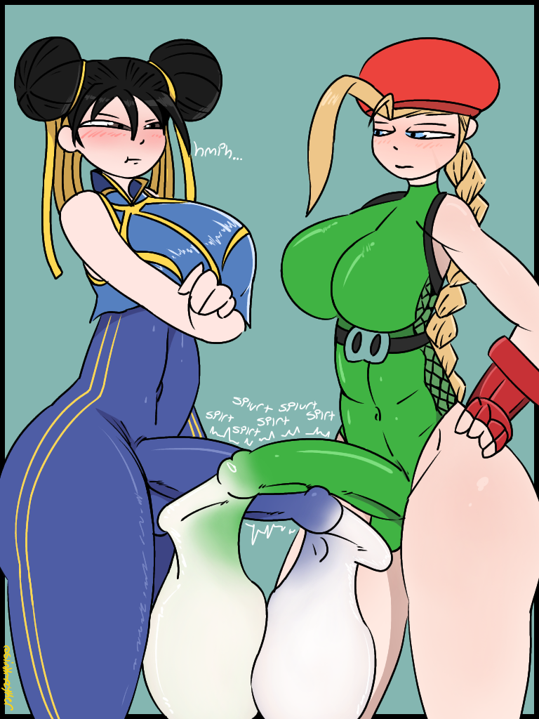 2futas arms_crossed breasts cammy_white capcom chun-li clothed clothing condom condom_filling condom_suit cum cum_in_bodysuit duo ejaculation erection excessive_cum fully_clothed futa_only futanari hand_on_hip hands-free handsfree_ejaculation huge_cock human light-skinned_futanari light_skin orgasm penis slinkmayker standing street_fighter street_fighter_alpha street_fighter_ii