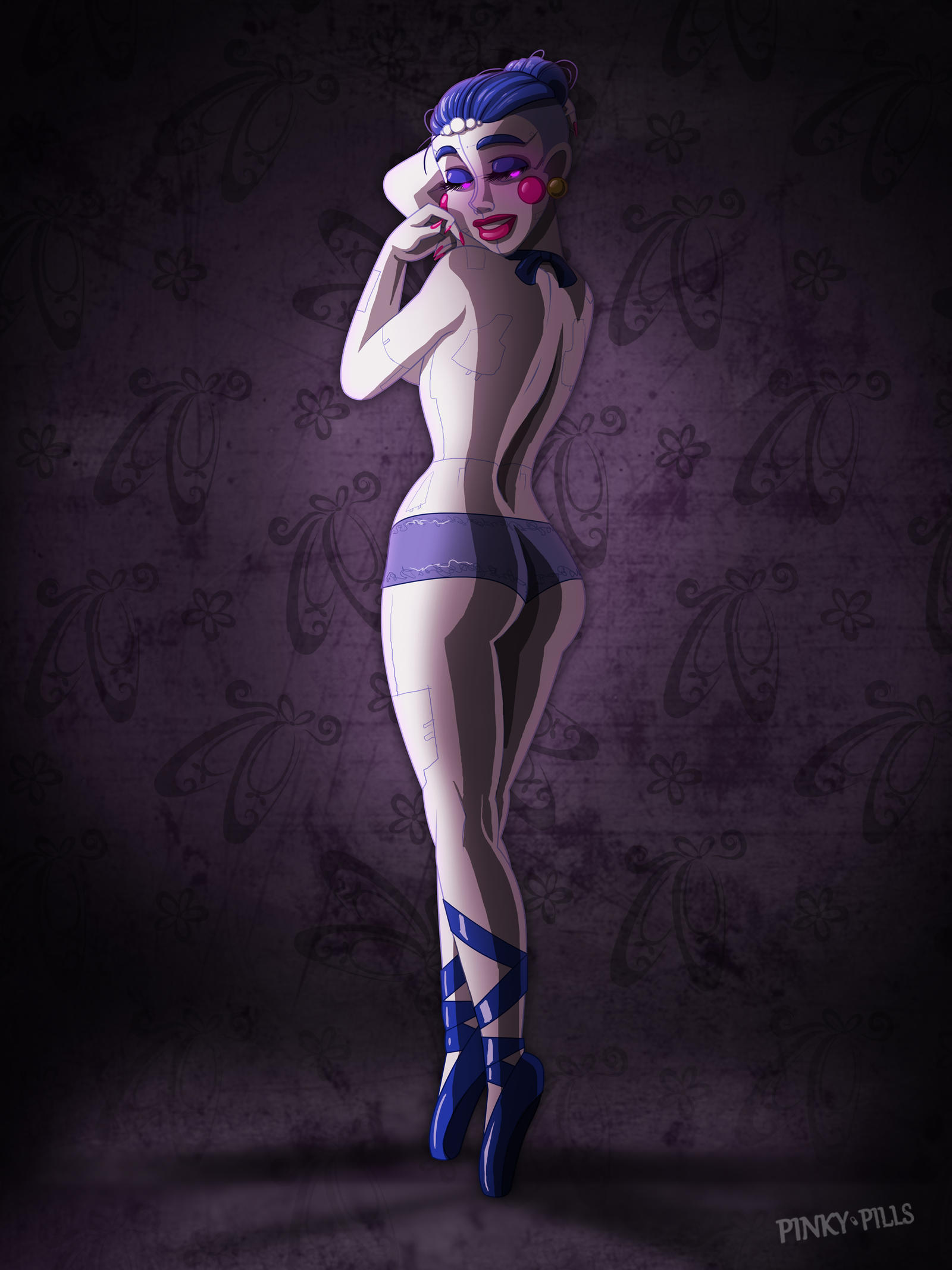 ass, ballora, ballora (fnafsl), blue panties, female, five nights at freddy's, five nights at freddy's: sister location, fnaf, pale skin, panties, pink eyes, pinkypills, pinup, purple eyes, robot, robot girl, solo, white skin