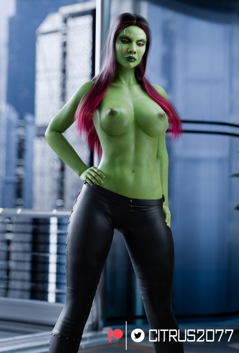 1girls, 3d, alien, alien girl, citrus2077, female, female only, gamora, green skin, green-skinned female, guardians of the galaxy, humanoid, marvel, marvel cinematic universe, marvel comics, red hair, solo, solo female, straight, topless, topless female, two-tone hair