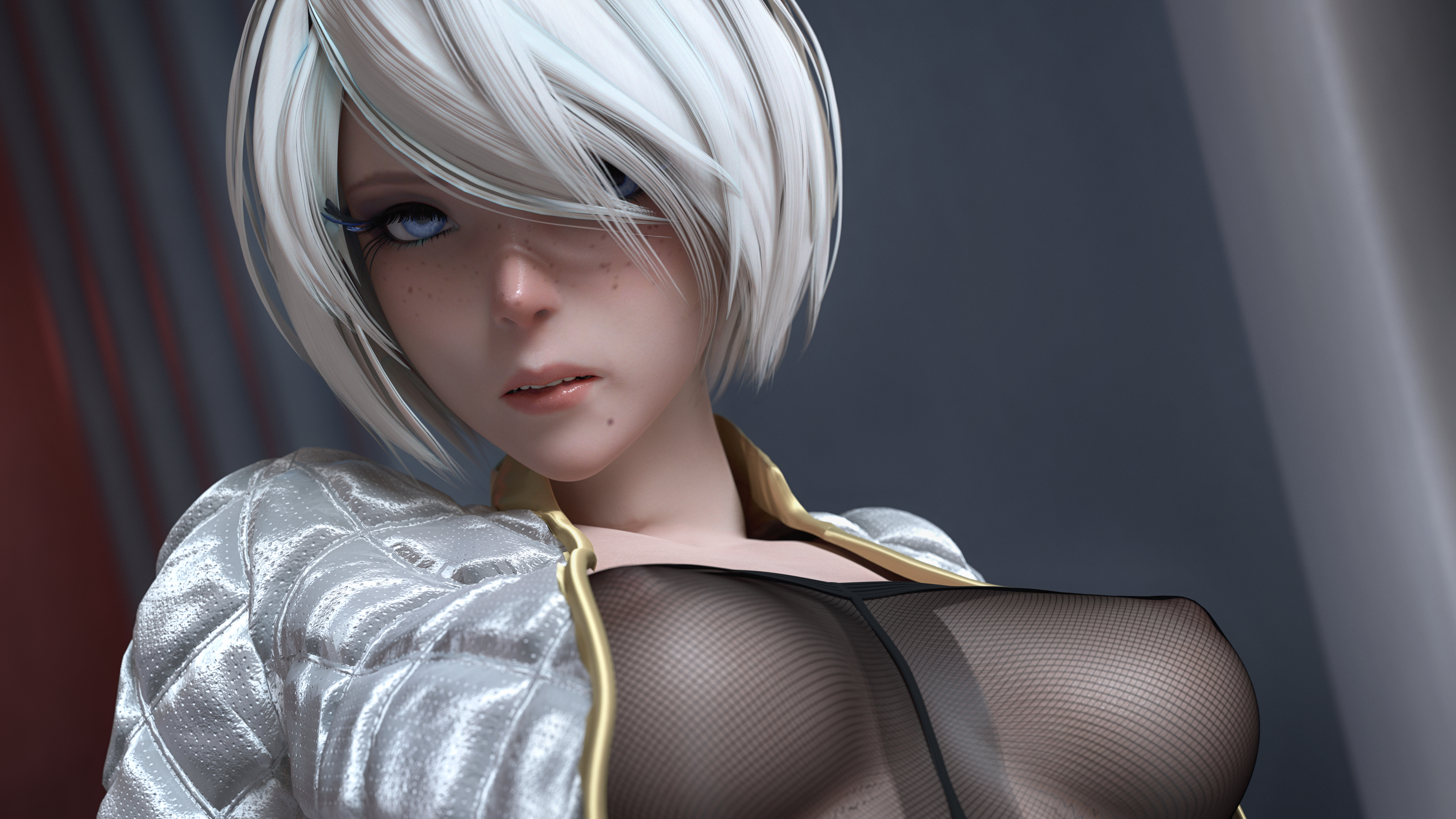 1girls, 3d, 3d (artwork), 3d model, bangs over eyes, blue eyes, close-up, coat only, cute, cute expression, female, freckles on face, high resolution, highres, hydrafxx, image set, lingerie, mesh shirt, nier: automata, nipples, wallpaper, white hair, yorha 2b