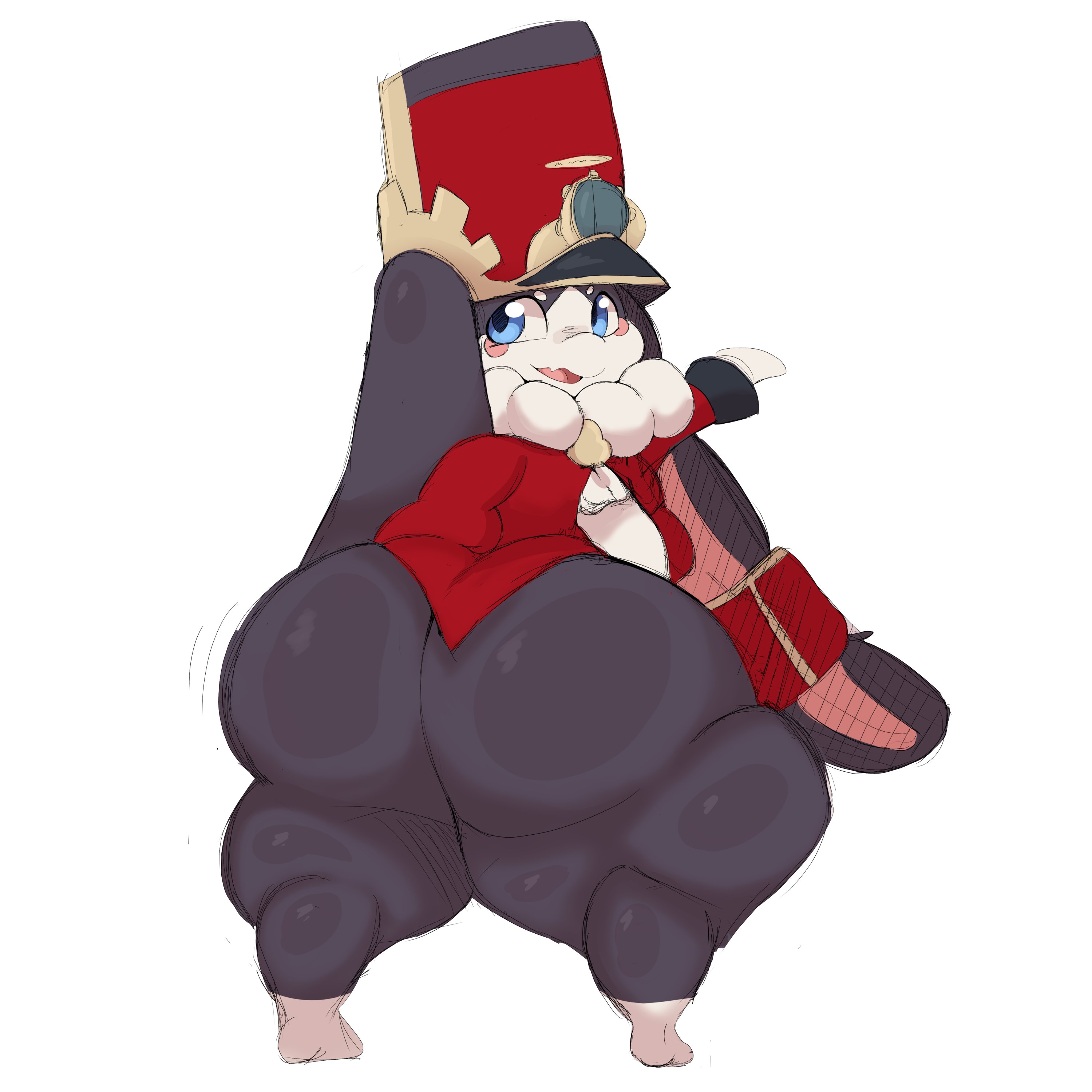 1:1, absurd res, ambiguous gender, anthro, ass, big ass, big butt, bottomless, clothed, clothing, furry, girly, hat, headgear, headwear, hi res, honkai: star rail, huge ass, huge butt, lagomorph, leporid, long ears, looking back, mammal, mihoyo, nsfwcrunchybun, open mouth, pom-pom (honkai: star rail), rabbit, solo, thick thighs, topwear, two-tone body, white background, wide hips