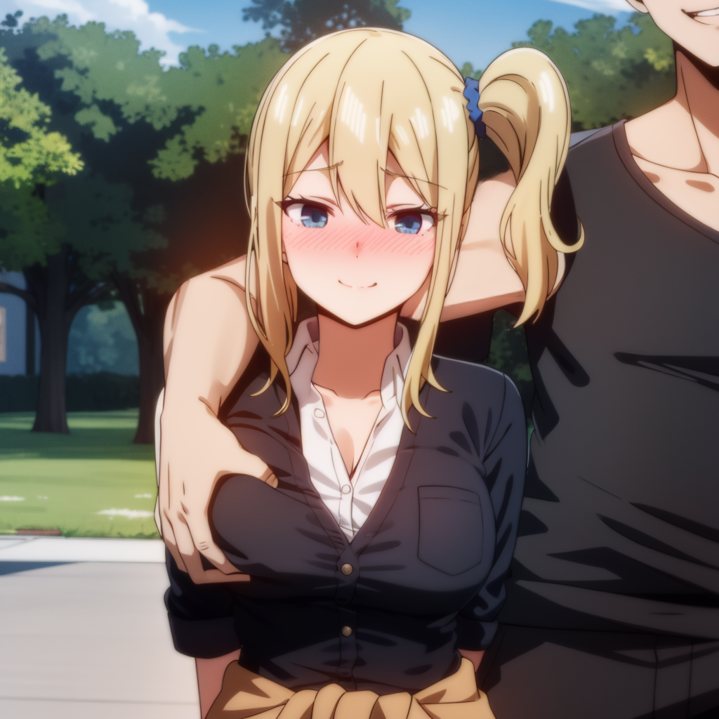 1boy, 1girls, ai generated, blonde hair, blue eyes, blush, breast grab, breasts, busty, female, grabbing, groping, hayasaka ai, kaguya-sama wa kokurasetai ~tensai-tachi no renai zunousen~, large breasts, looking at viewer, male, netorare, school uniform, schoolgirl, smile, smirk, submissive, submissive female