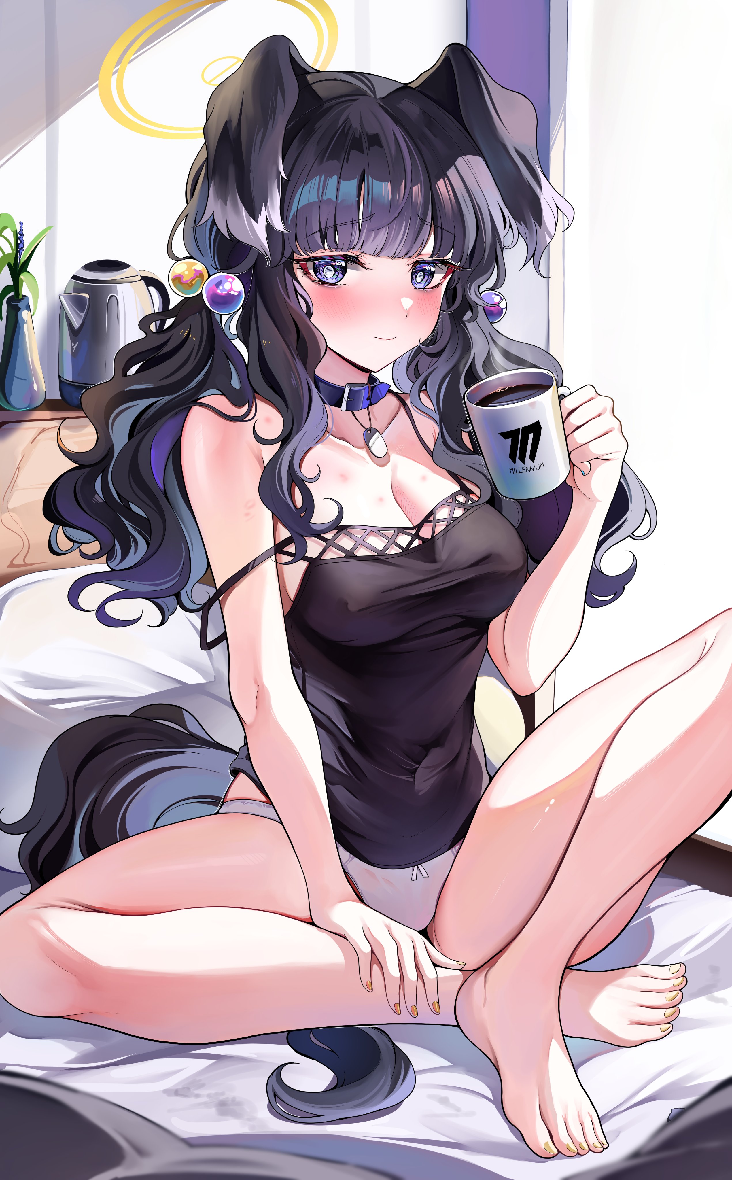blue archive, breasts, coffee, coffee mug, collar, engineering department (blue archive), feet, female, hibiki (blue archive), large breasts, lingerie, millennium science school logo (blue archive), millennium science school student, morning, nail polish, nightwear, nipple bulge, painted nails, painted toenails, panties, thighs, toes