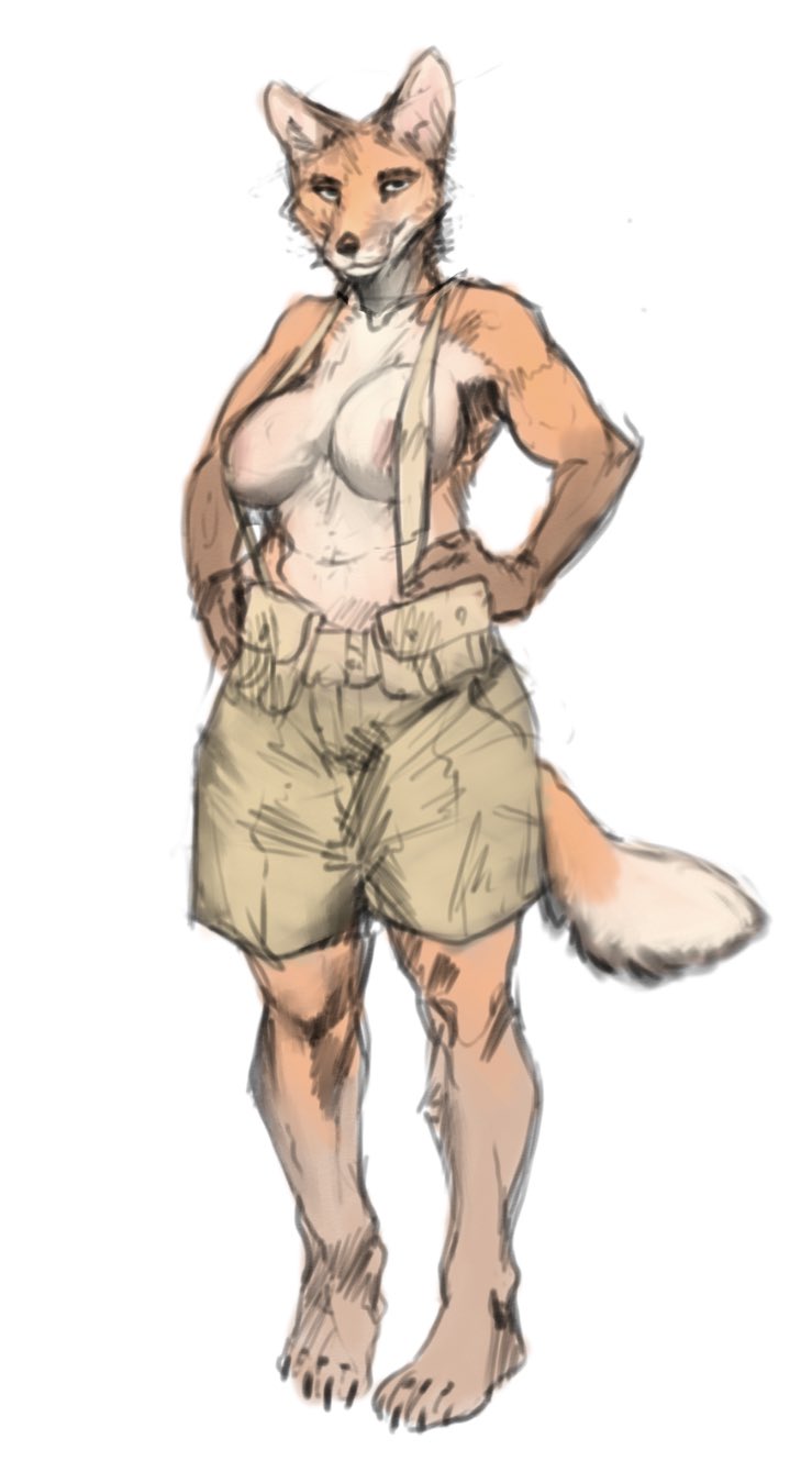 anthro banoncat bottomwear breasts canid canine clothed clothing digital_media_(artwork) female fox fur hi_res looking_at_viewer mammal midriff_showing nipples pouch_(clothing) shorts smile smug_face solo suspenders topless topless_anthro topless_female