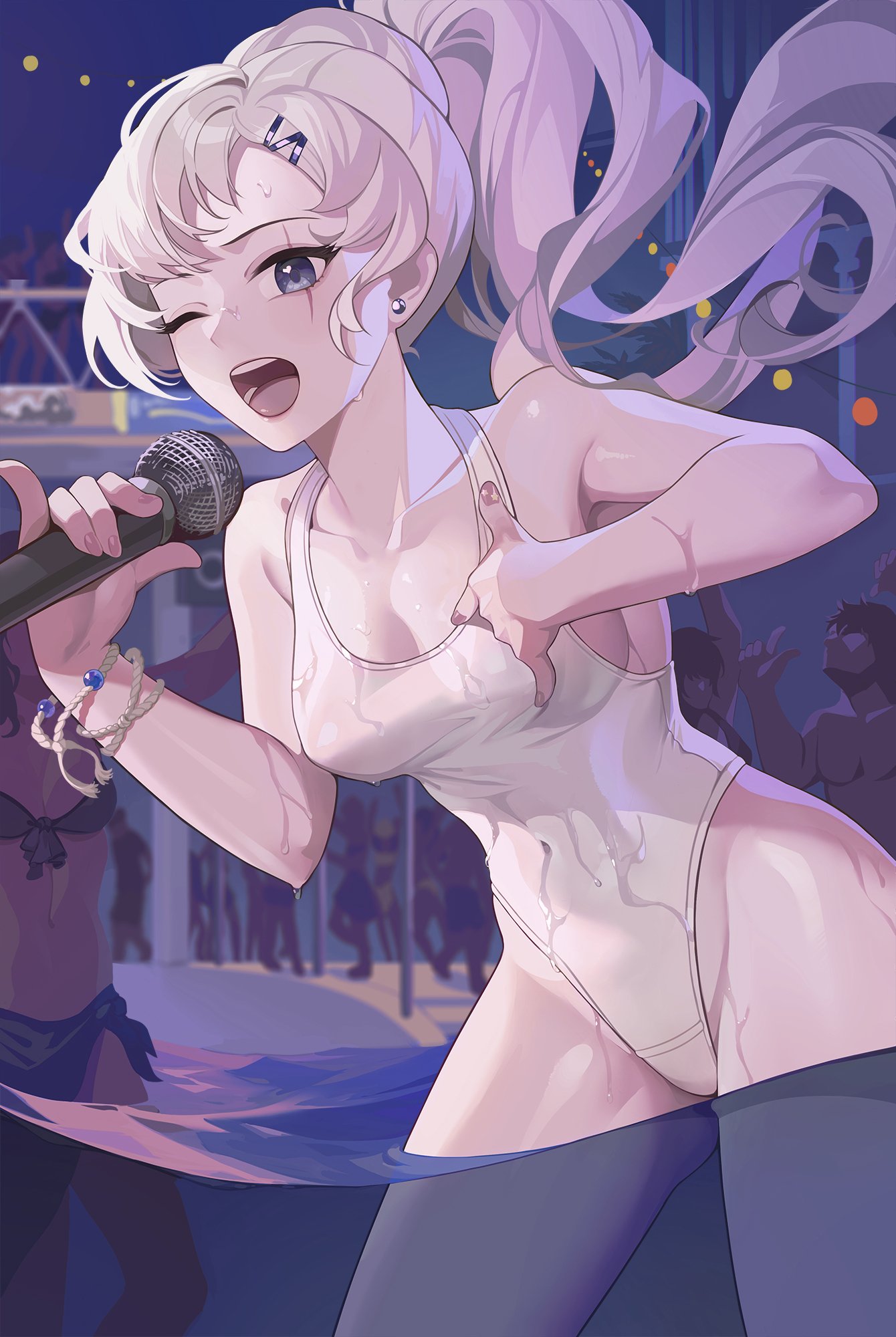 100wang 1girls audience eye_scar female microphone pool pool_party rwby weiss_schnee wet white_bikini white_hair